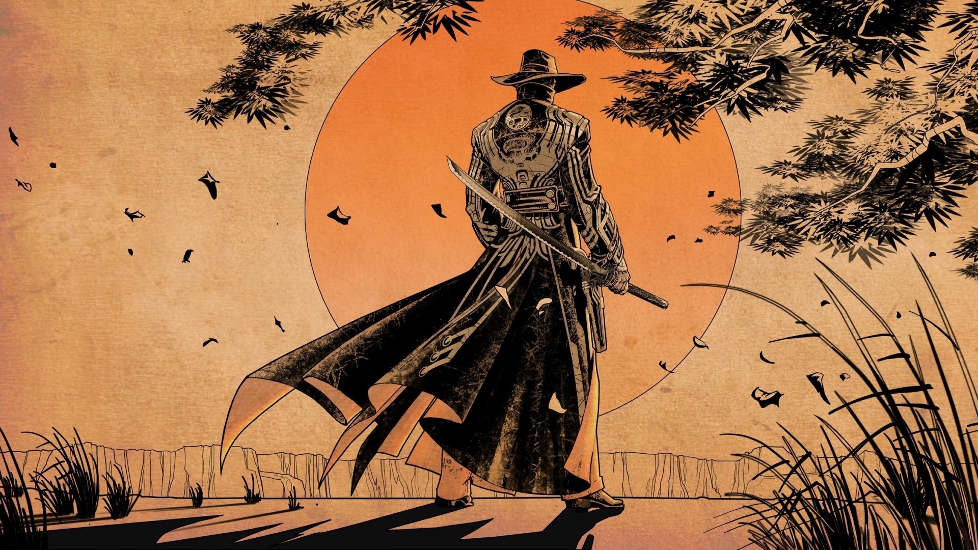 General 1920x1080 sunset samurai sword beige Sun katana weapon hat Red Steel 2