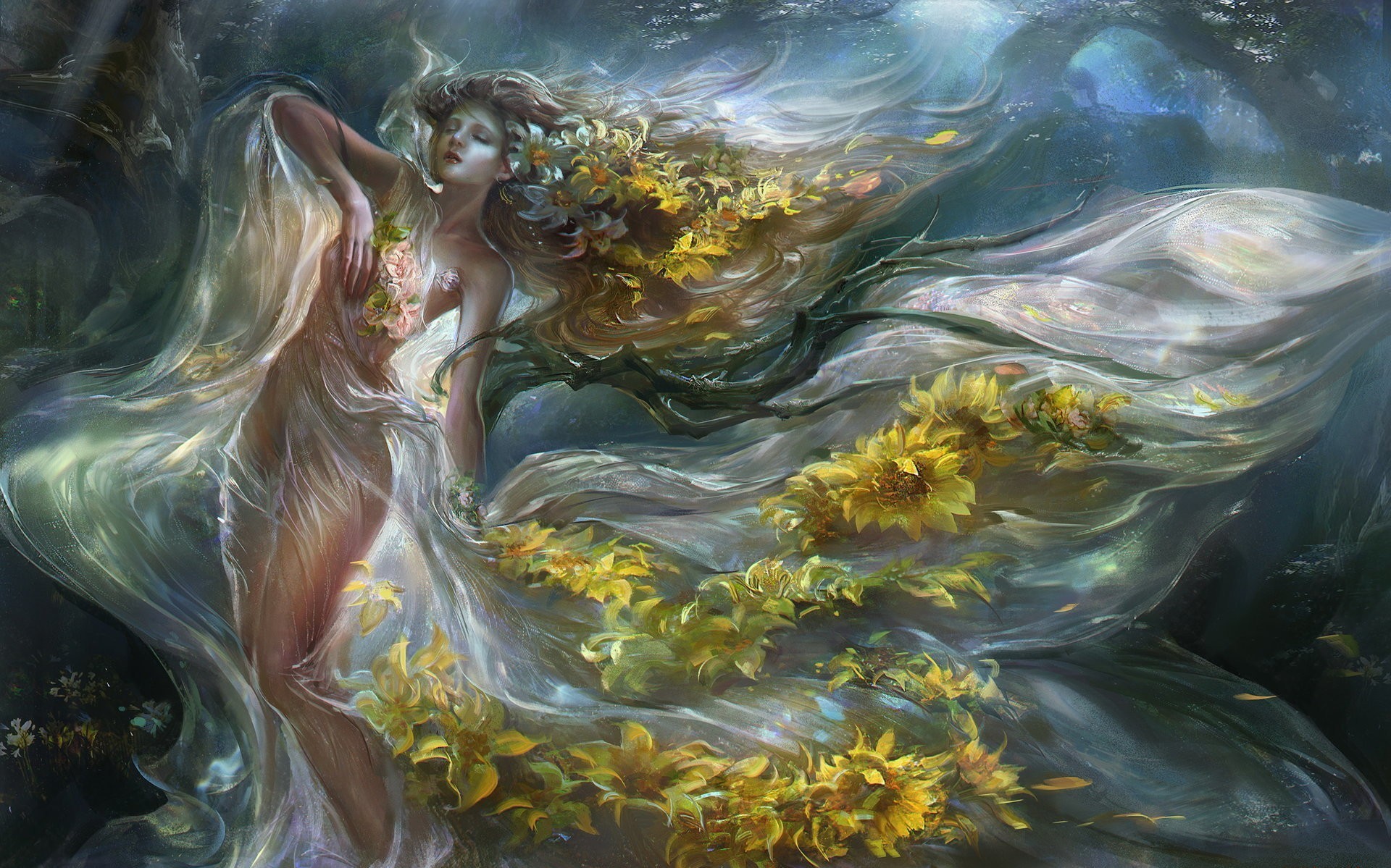 General 1920x1199 fantasy art artwork fantasy girl closed eyes long hair flowers women plants yellow flowers