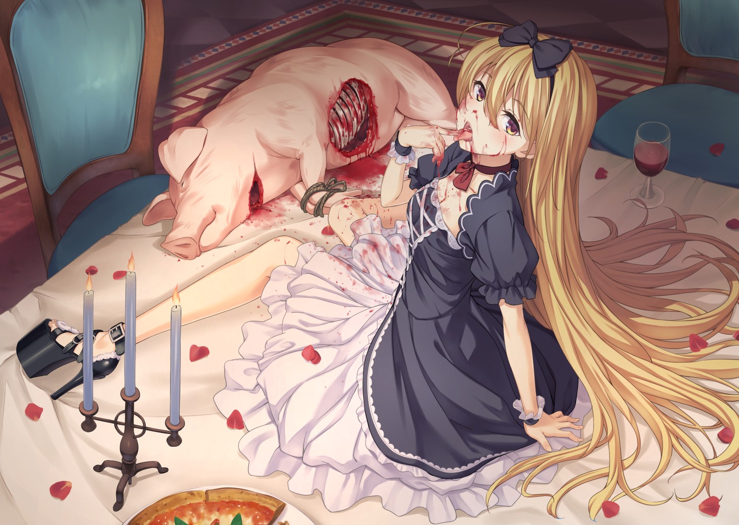 Anime 1500x1066 anime anime girls pigs blood blonde original characters gore animals heels long hair open mouth tongue out tongues dress looking at viewer candles black heels bright