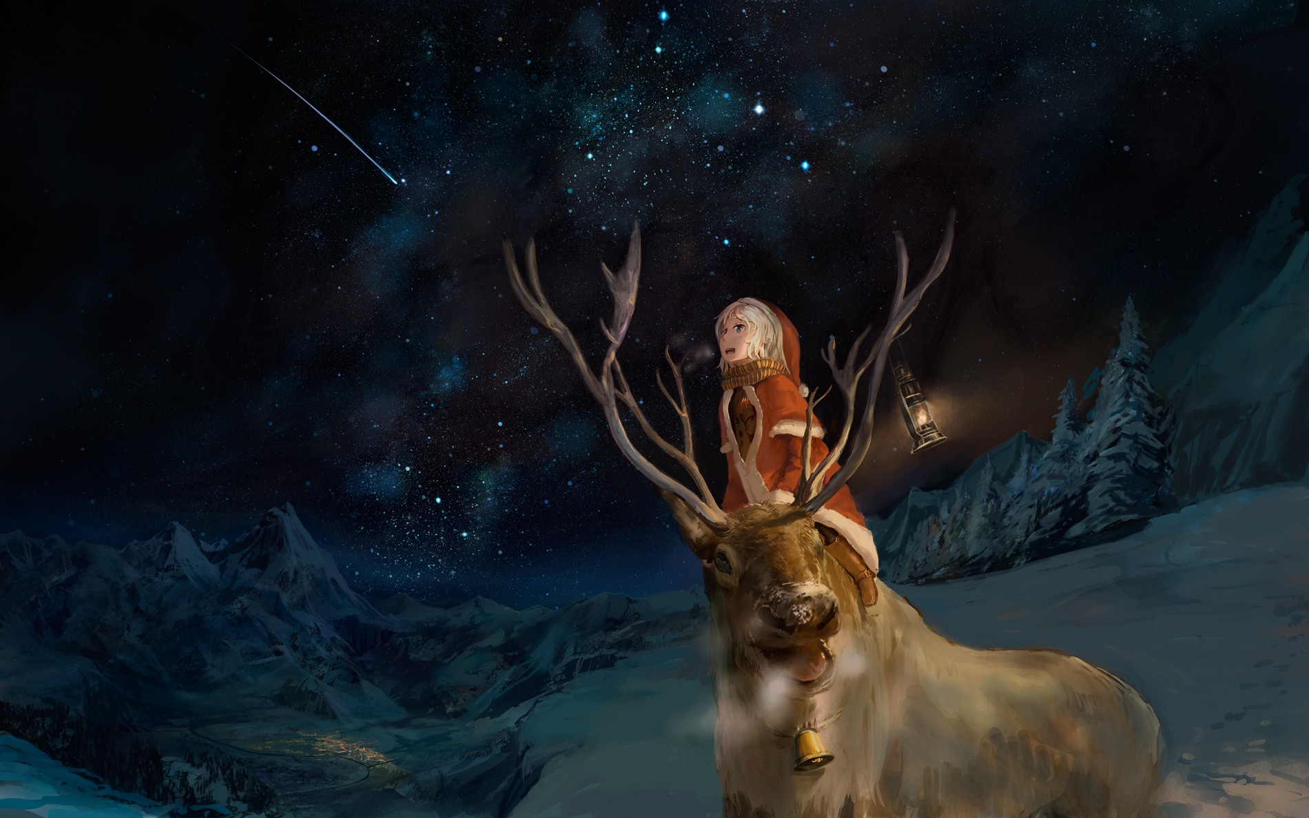 Anime 1900x1188 deer bells lantern shooting stars snow night anime stars animals anime girls landscape reindeer