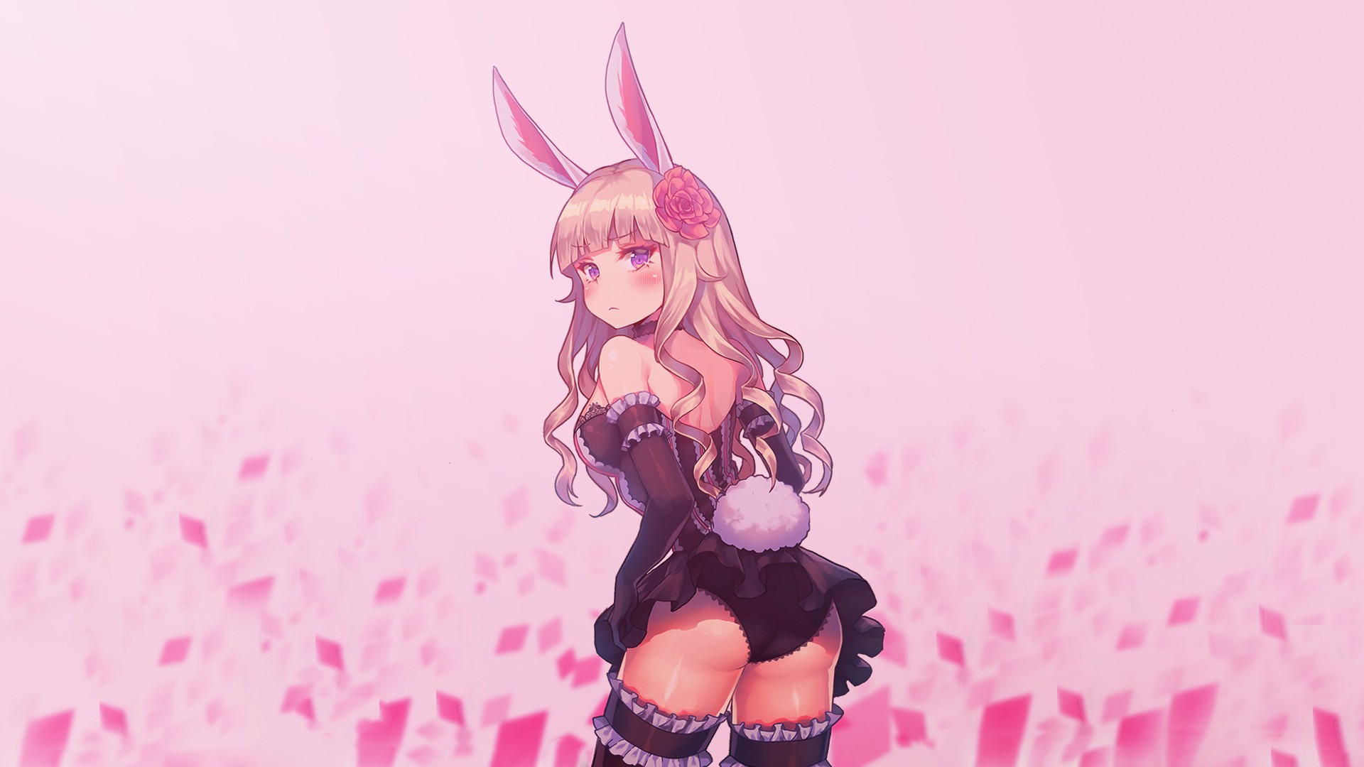 Anime 1920x1080 anime anime girls bunny ears blonde bunny suit ass pink background standing simple background flower in hair long hair bunny girl