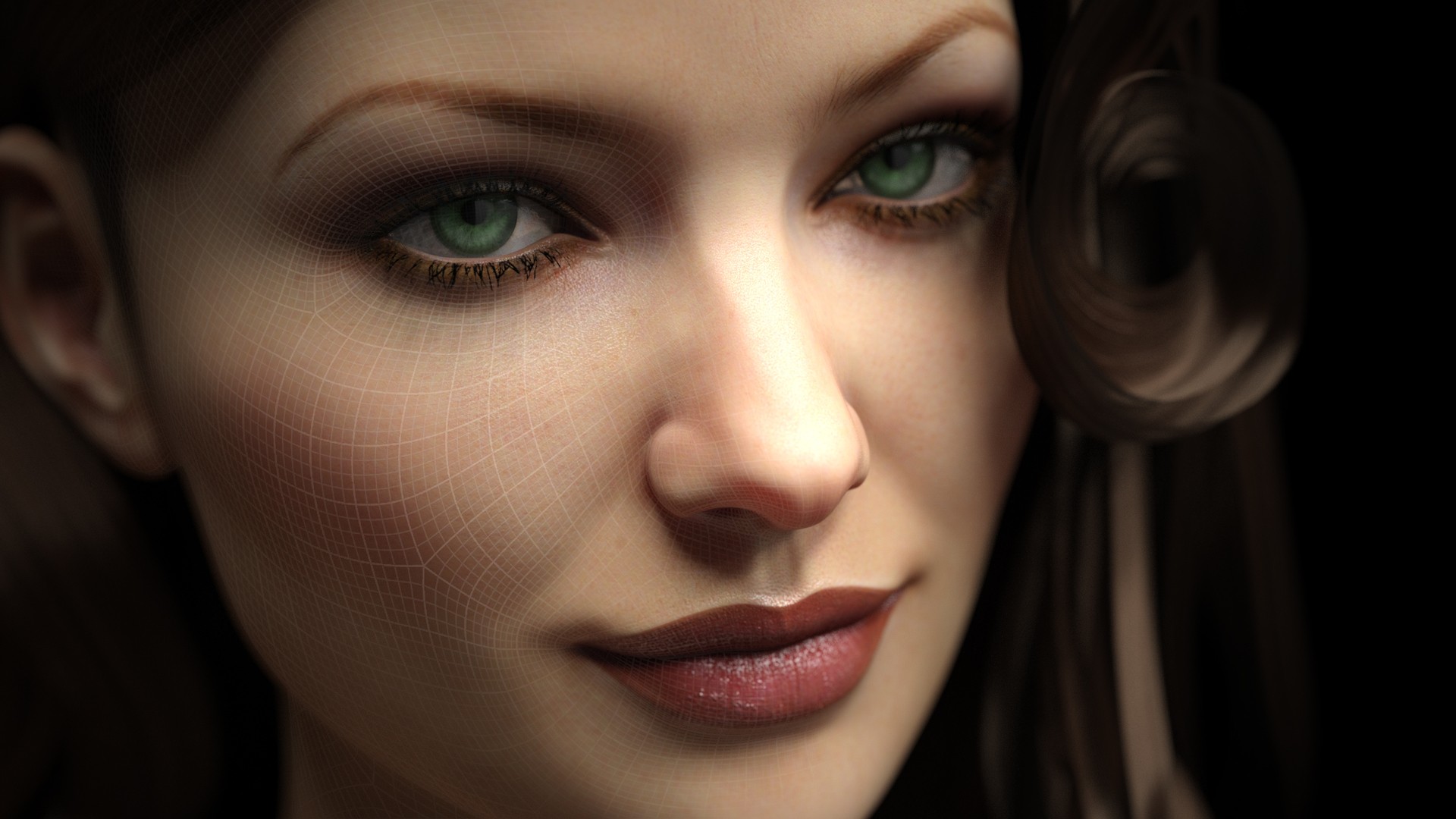 General 1920x1080 women digital art portrait face CGI looking at viewer green eyes black background nets square closeup red lipstick DeviantArt