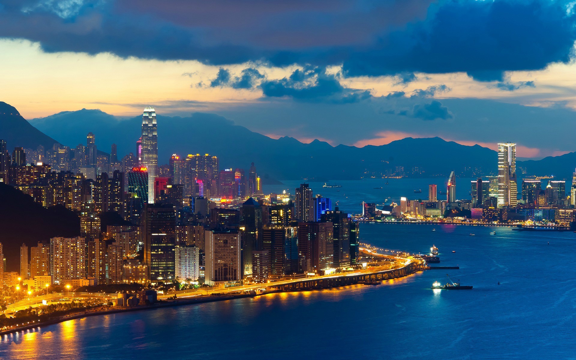 General 1920x1200 photography dusk city urban building skyscraper water sea lights Hong Kong cityscape blue China Asia city lights