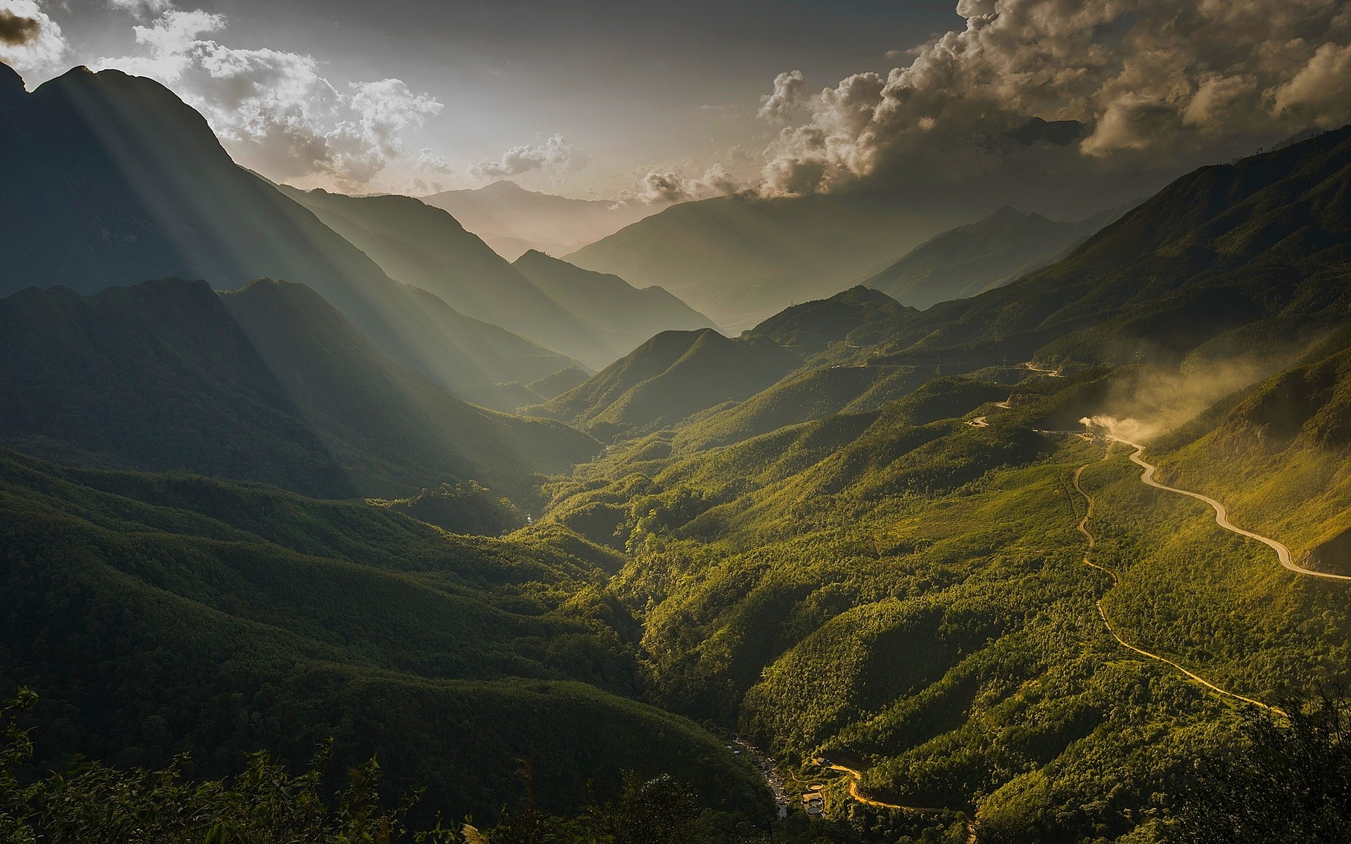General 1920x1200 nature landscape sun rays mountains valley river mist clouds forest dirt road Vietnam Asia