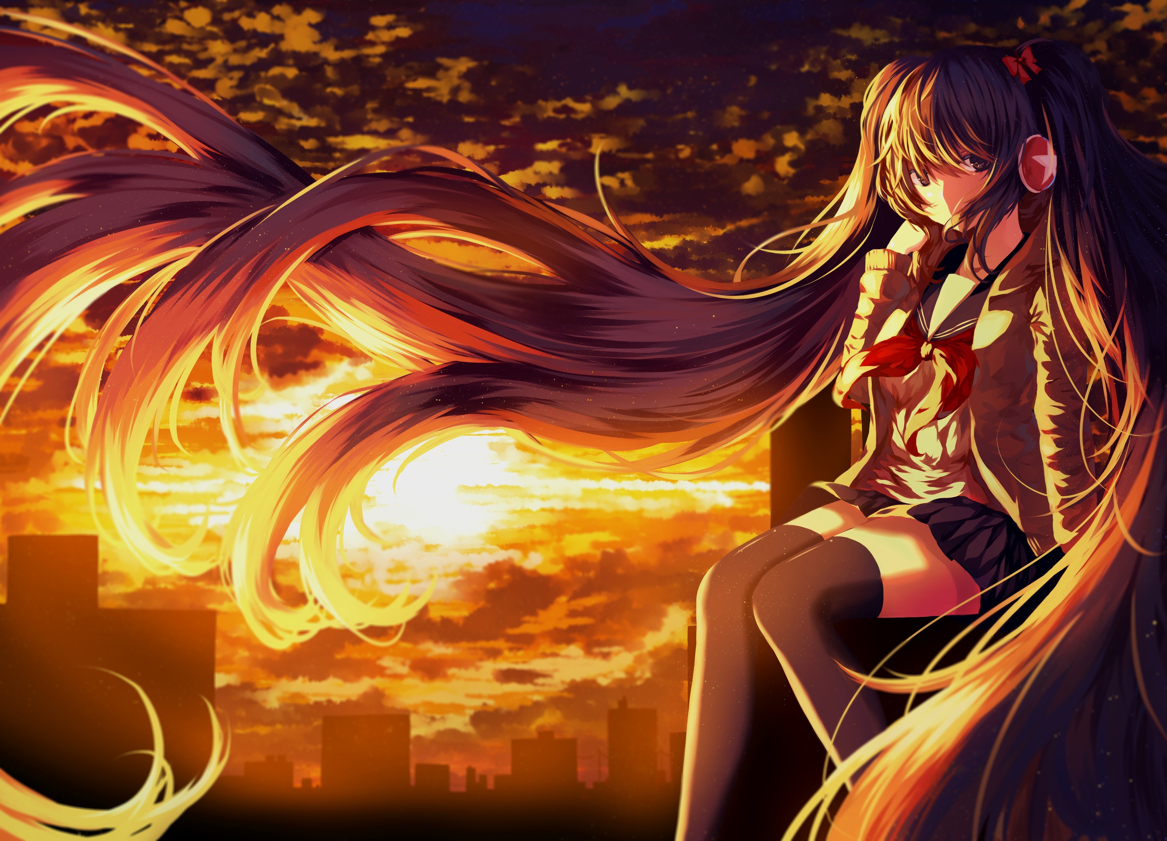 Anime 3955x2852 anime anime girls Hatsune Miku Vocaloid sunset twintails thigh-highs long hair stockings sunlight black stockings hair in face Pixiv