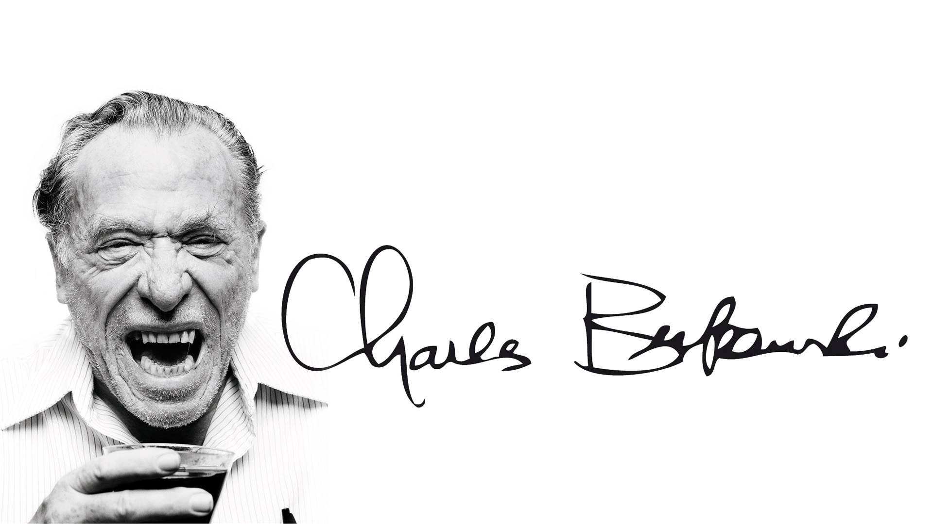 People 1920x1080 men face portrait Charles Bukowski monochrome signature writers screaming old people white background drinking glass alcohol shirt deceased