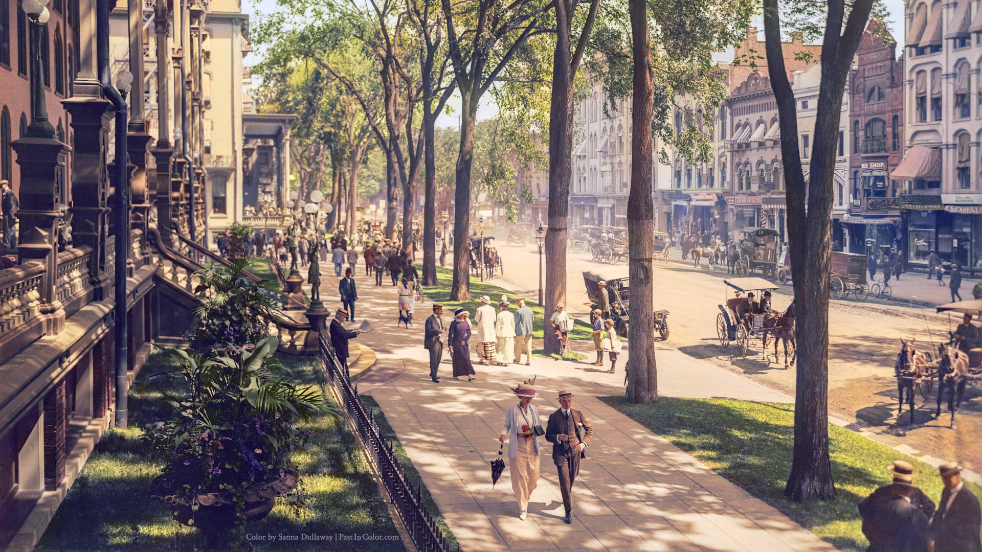 General 1920x1080 history cityscape architecture building crowds street vintage photo manipulation Broadway New York City USA trees horse colorized photos old car town people city pedestrian dappled sunlight photography idyllic watermarked