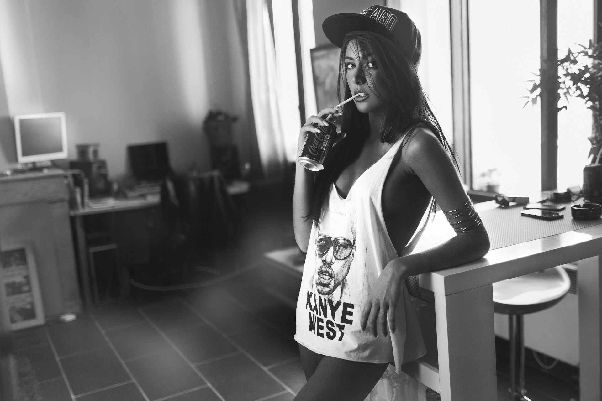 People 1920x1280 women tank top no bra sideboob long hair women indoors Coca-Cola looking at viewer indoors T-shirt monochrome hat women with hats leaning