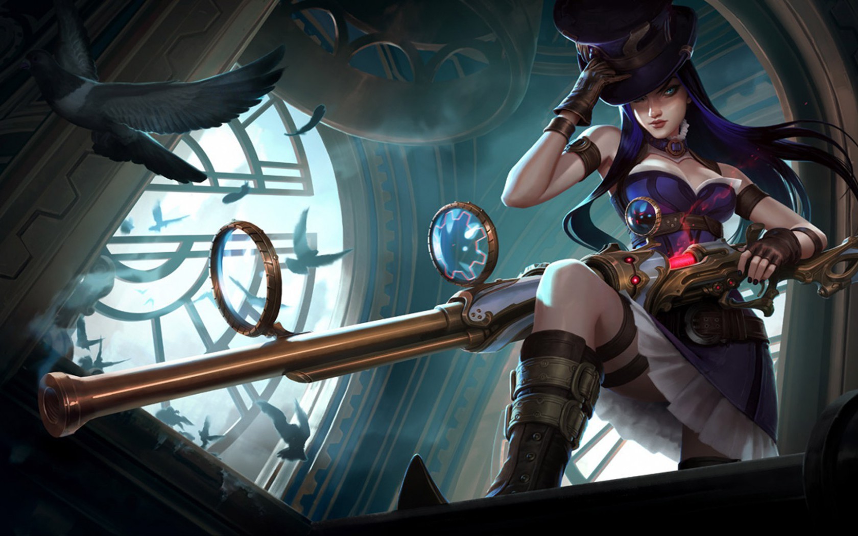 General 1680x1050 anime League of Legends anime girls fantasy weapon Caitlyn (League of Legends) video game art video game girls rifles weapon girls with guns hat women with hats long hair kneeling birds PC gaming top hat