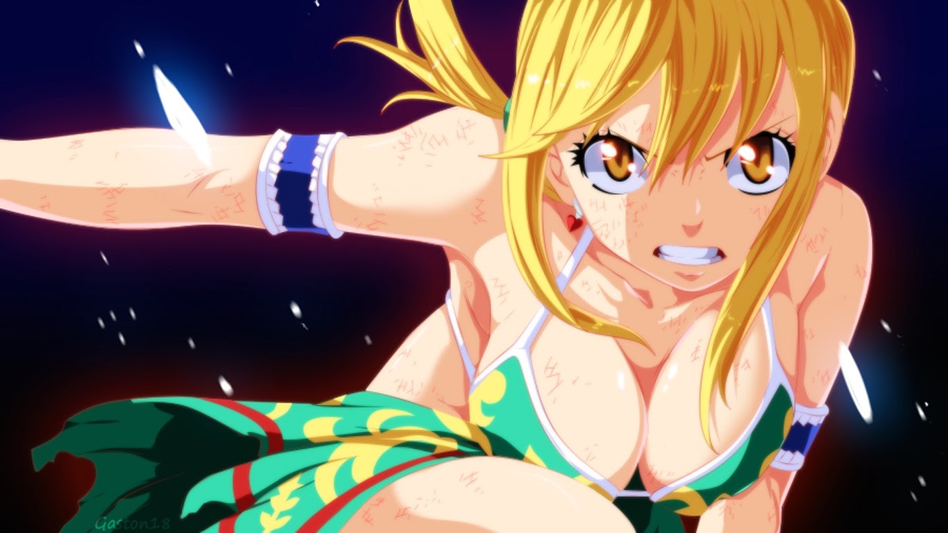 Anime 1366x768 Heartfilia Lucy  anime girls blonde boobs big boobs angry face cleavage looking at viewer anime Fairy Tail