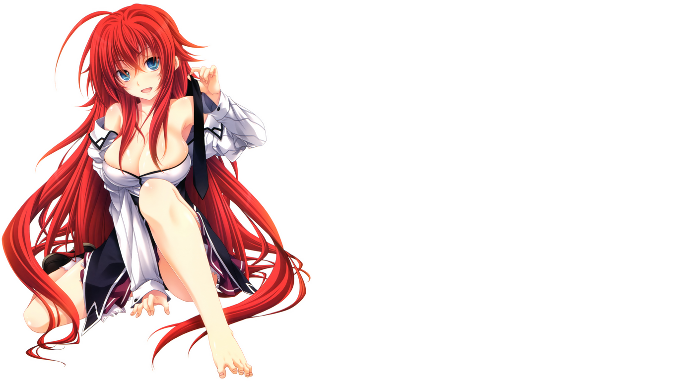 Anime 1366x768 anime girls High School DxD Gremory Rias redhead long hair boobs big boobs blue eyes open mouth simple background white background barefoot