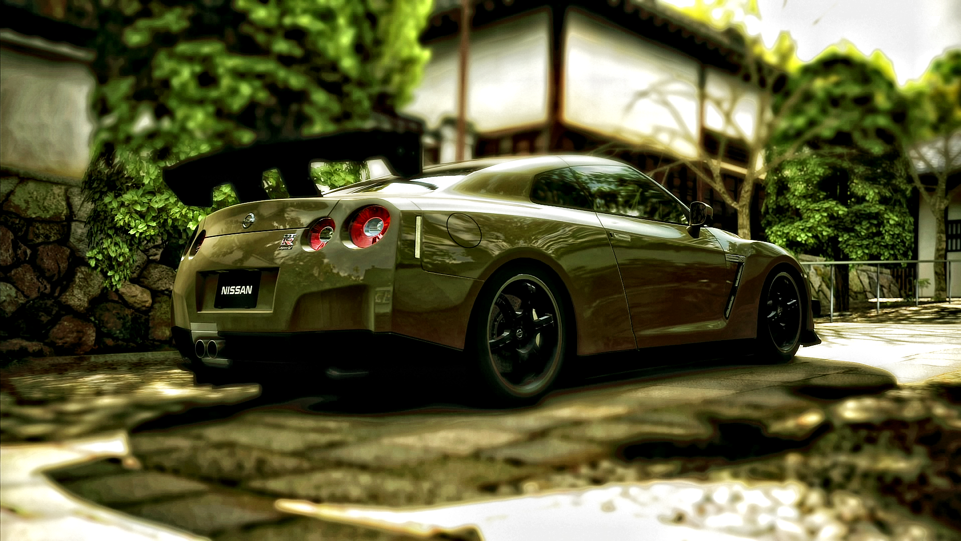 General 1920x1080 Nissan car vehicle Nissan GT-R sports car Japanese cars rear view sunlight blurred blurry background trees