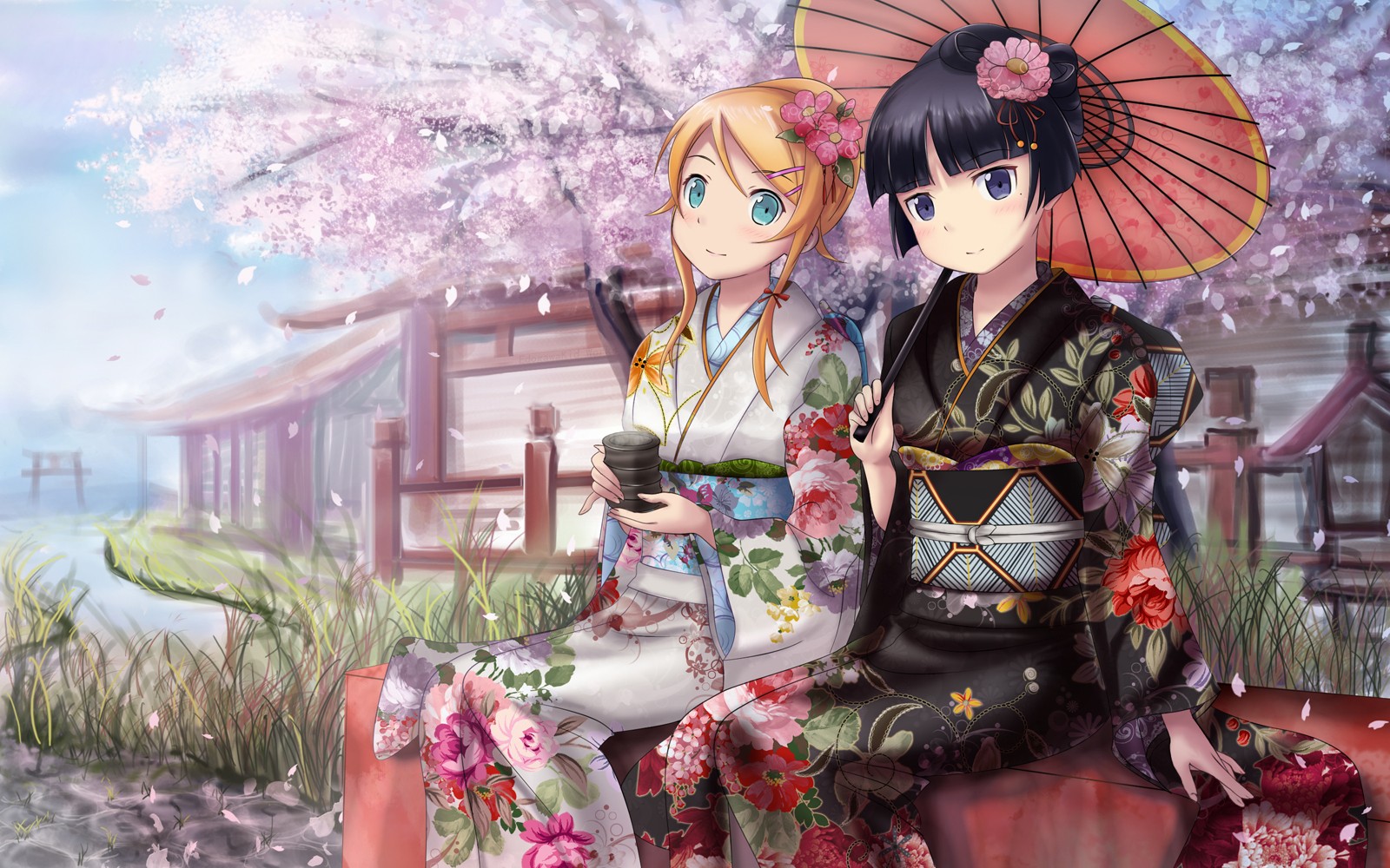 Anime 1600x1000 anime girls anime kimono flower in hair umbrella Ore no Imouto ga Konnani Kawaii Wake ga Nai