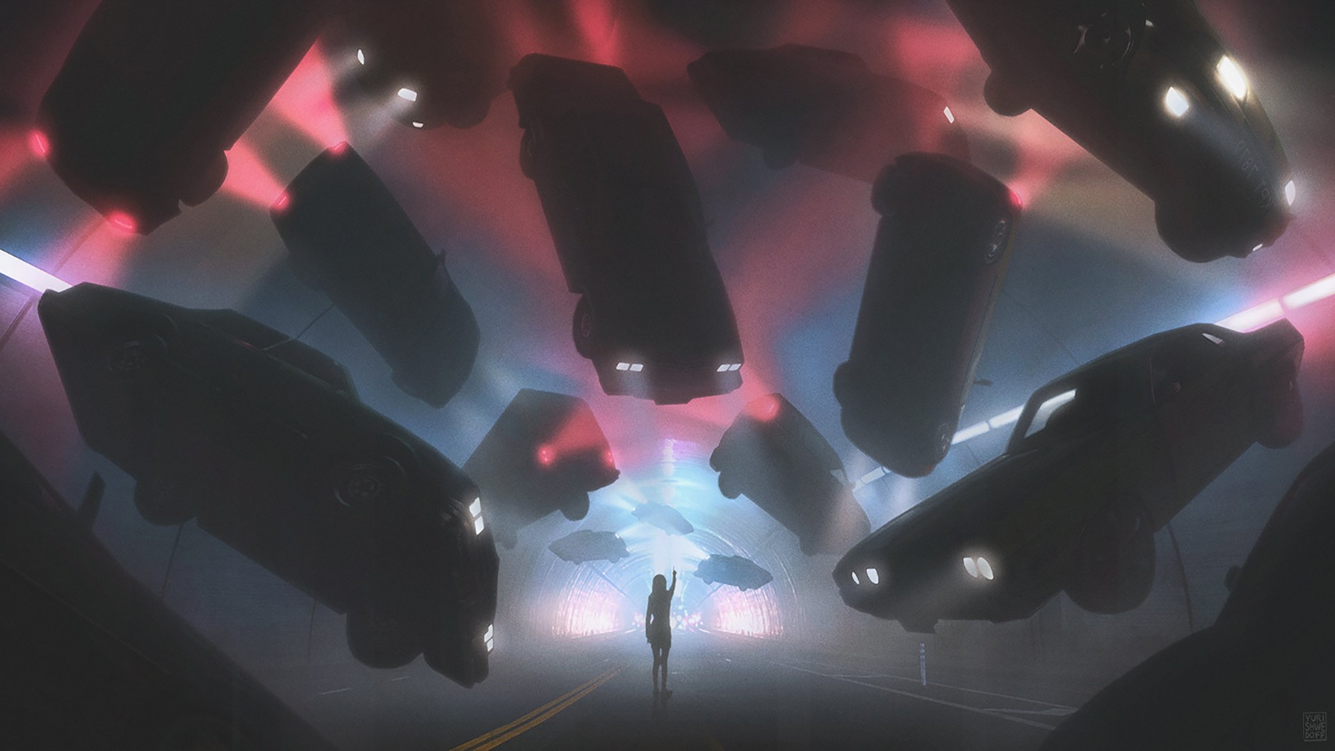 General 1920x1080 artwork digital art car floating women tunnel science fiction force pink road red mist vehicle dark