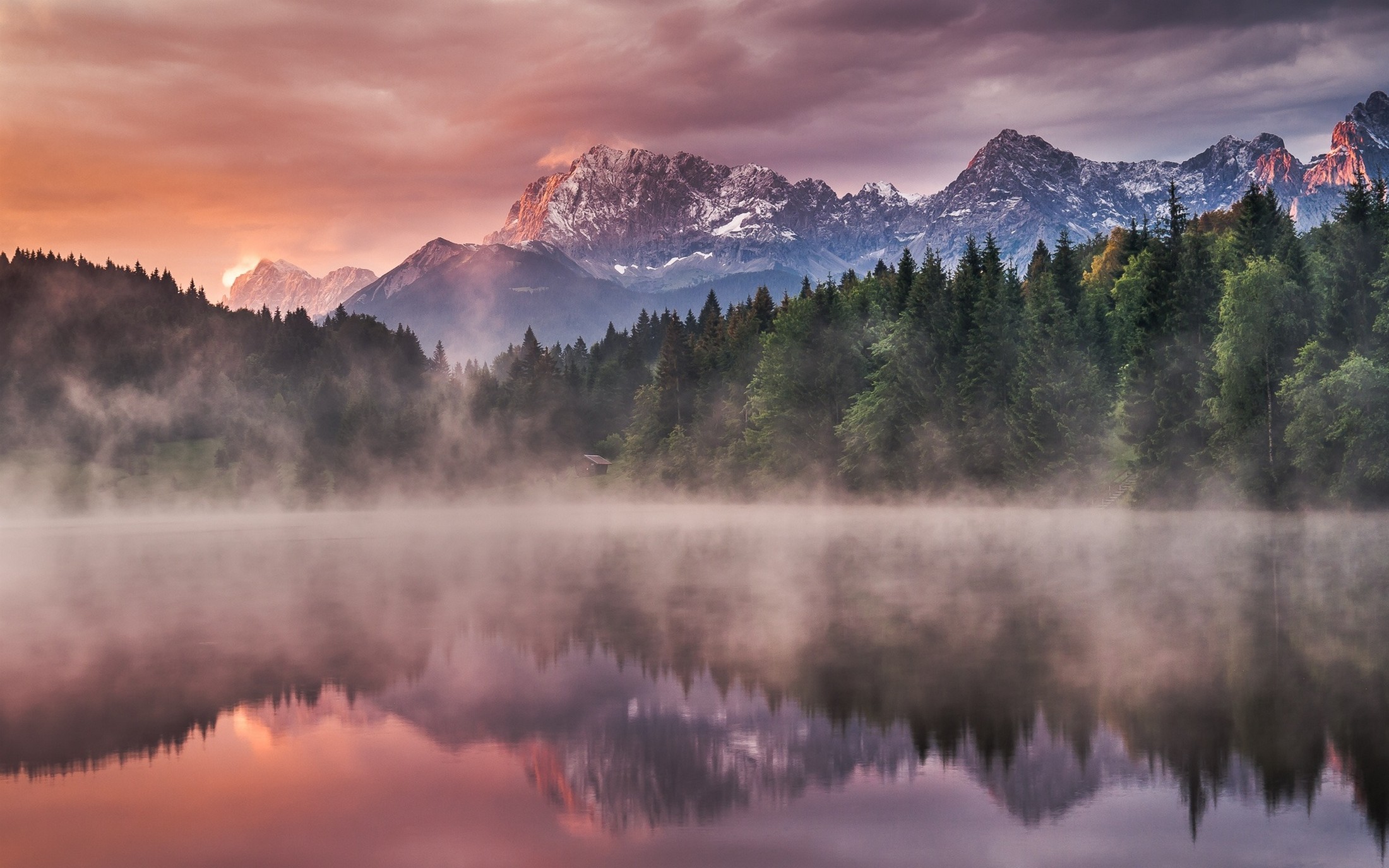 General 2200x1375 landscape nature lake forest mist mountains snowy peak Germany clouds reflection trees water cabin