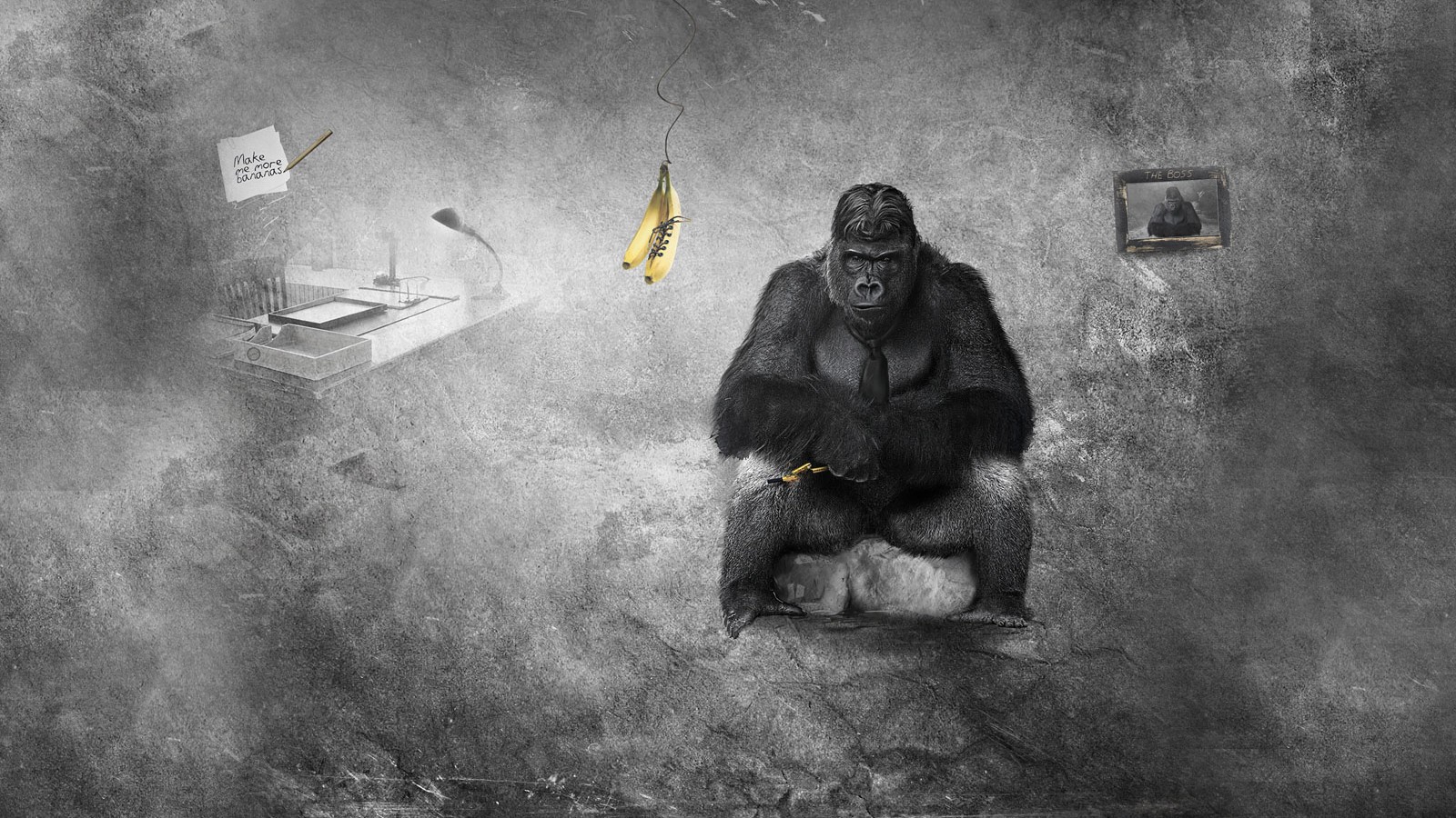 General 1600x900 monkey monochrome bananas animals mammals digital art