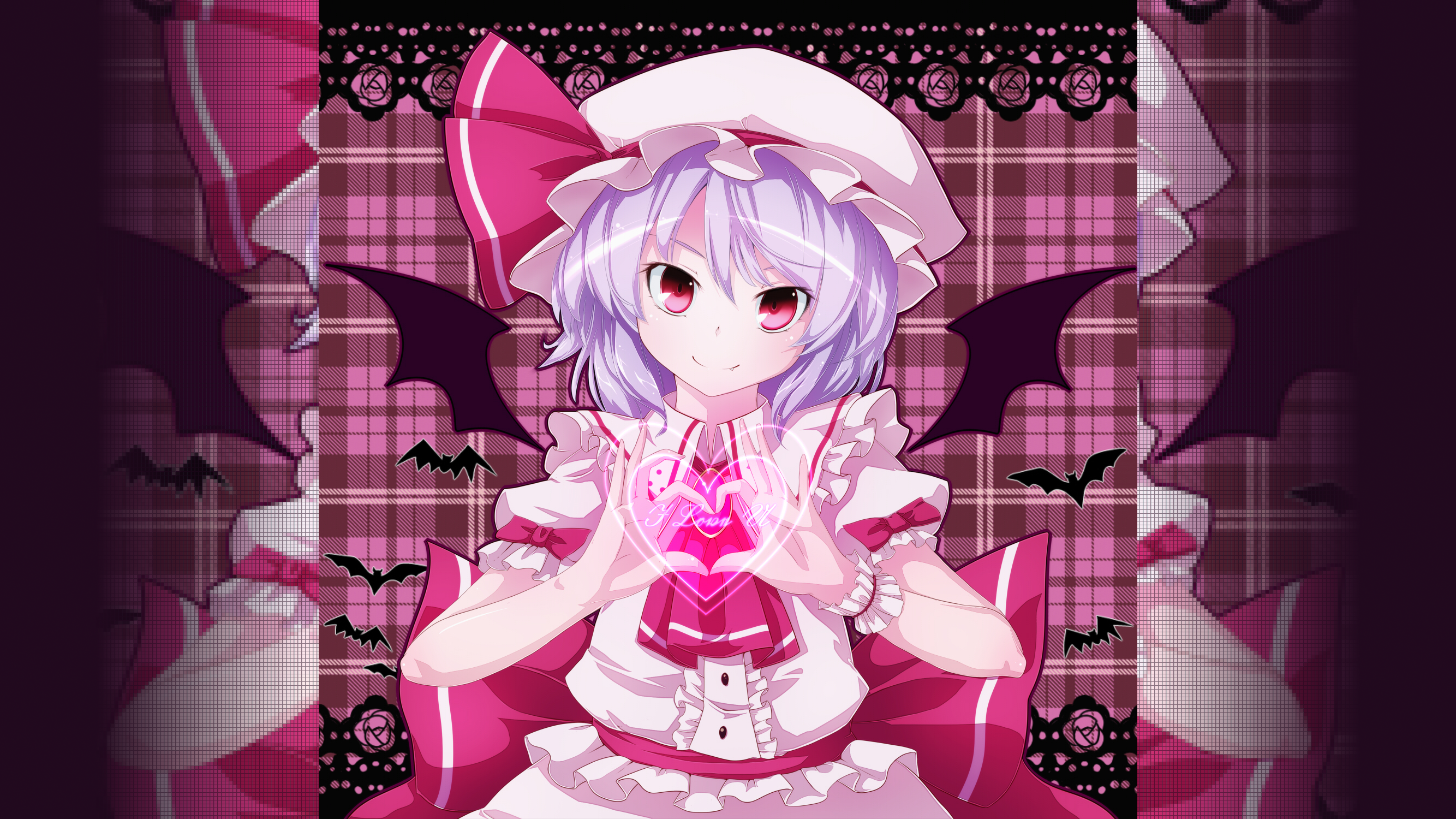 Anime 2668x1500 anime girls anime Touhou Remilia Scarlet pink eyes bats heart (design) smiling looking at viewer