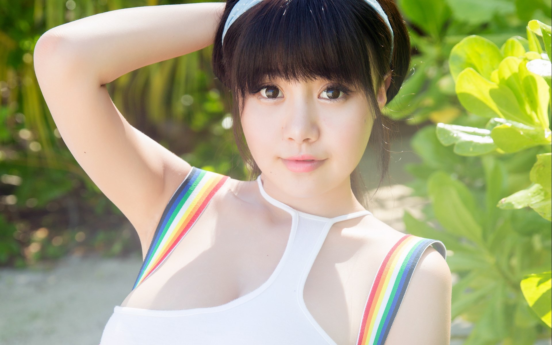 People 1920x1200 brunette Asian Xiuren cleavage Chinese women outdoors black hair arms up face plants Chinese women armpits leaves green background looking at viewer pink lipstick women