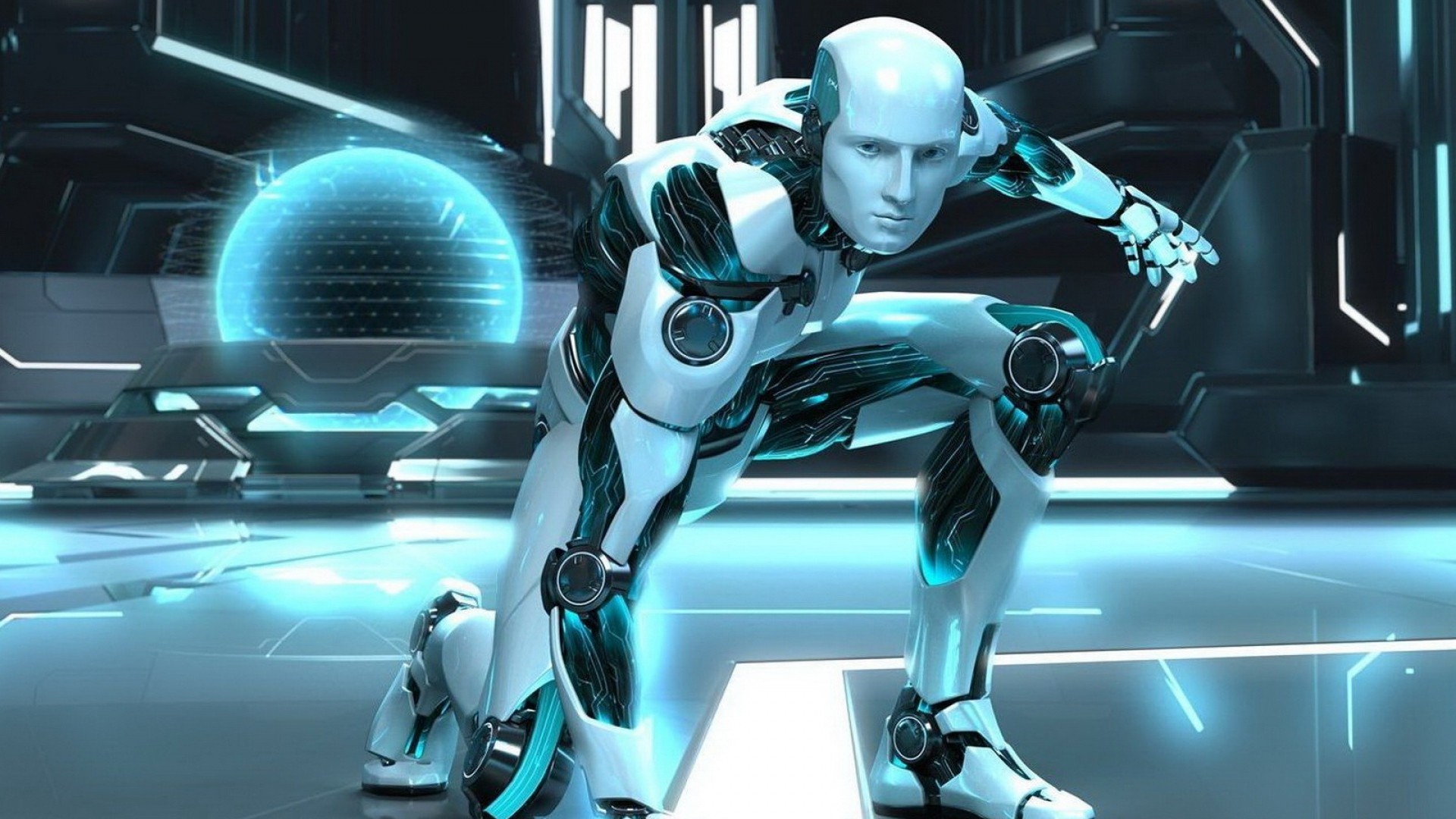 General 1920x1080 robot cyborg androids science fiction CGI digital art cyan