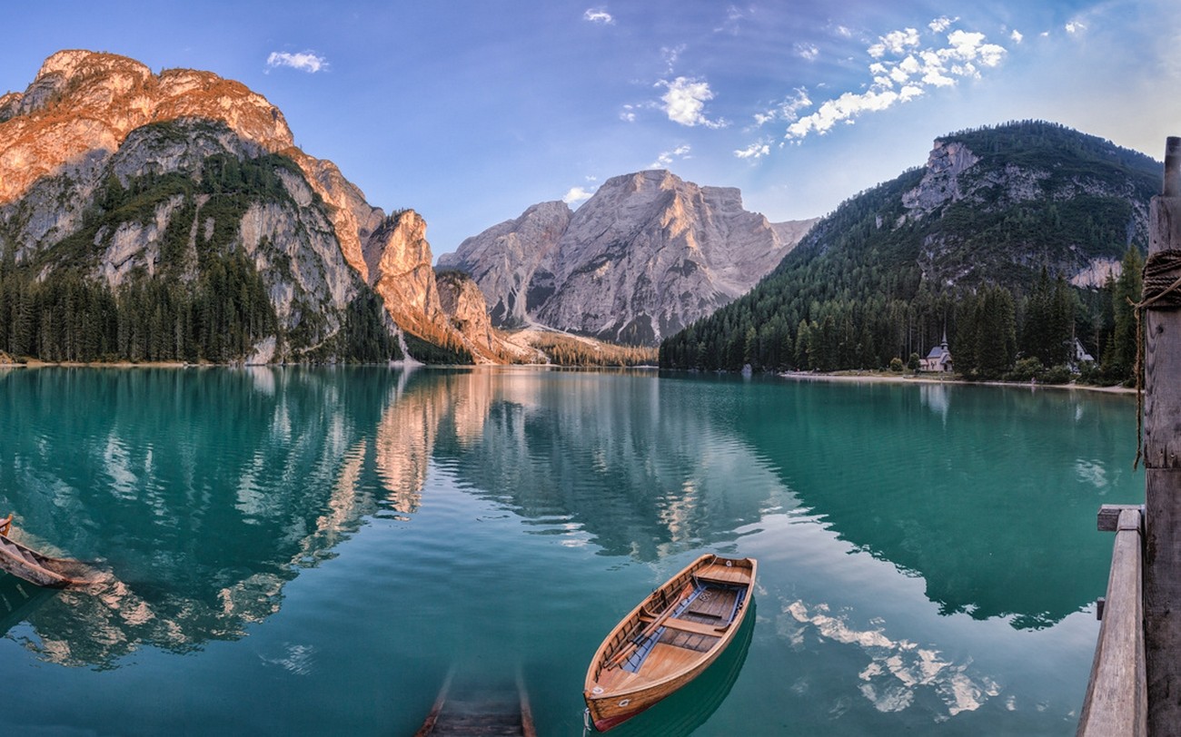 General 1300x812 nature landscape summer lake forest mountains church boat morning Italy reflection turquoise water vehicle outdoors Pragser Wildsee