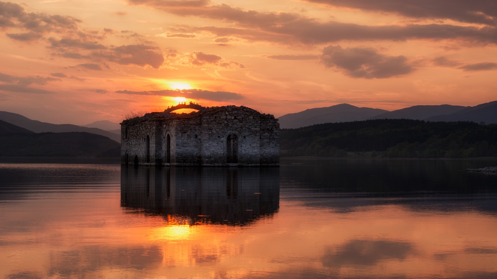 General 1920x1080 nature landscape water Sun reflection clouds Bulgaria lake old building ruins church hills trees forest sunset dam stones birds spring orange sky calm calm waters