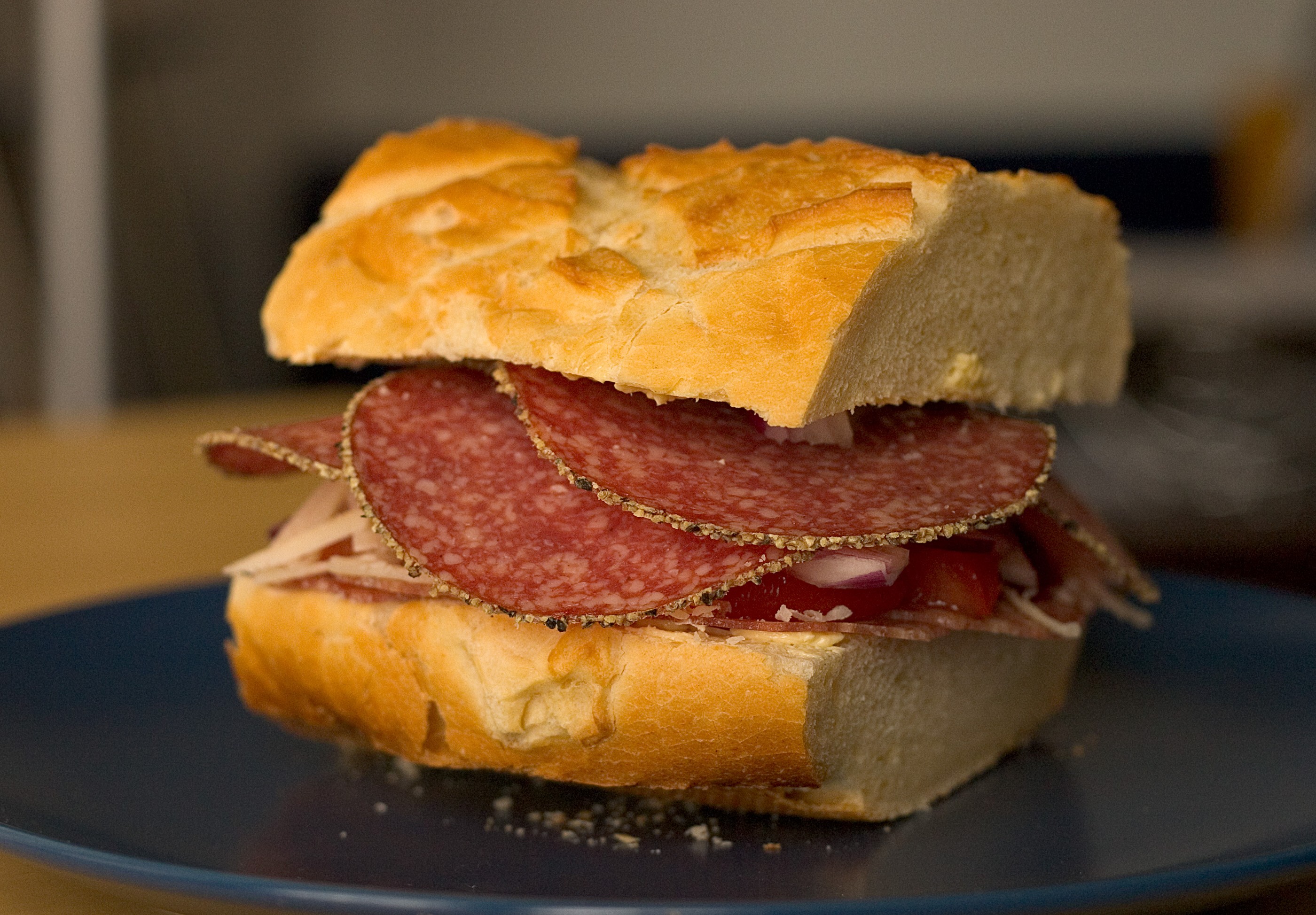 General 2800x1948 food ham bread salami sandwiches closeup still life blurred blurry background