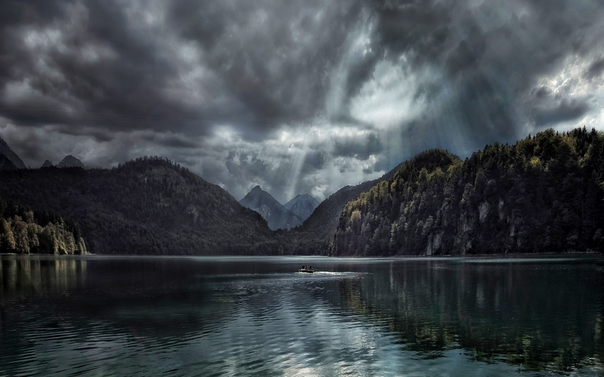 General 2500x1563 nature landscape lake forest fall clouds sun rays mountains Germany dark water