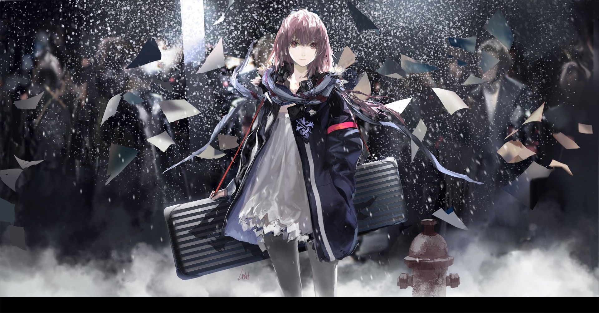 Anime 1920x1003 anime anime girls snow pink hair red eyes dress white dress pantyhose fire hydrants Pixiv Fantasia Pixiv Fantasia: Fallen Kings Berlinetta (swd3e2) Girls Frontline looking at viewer standing