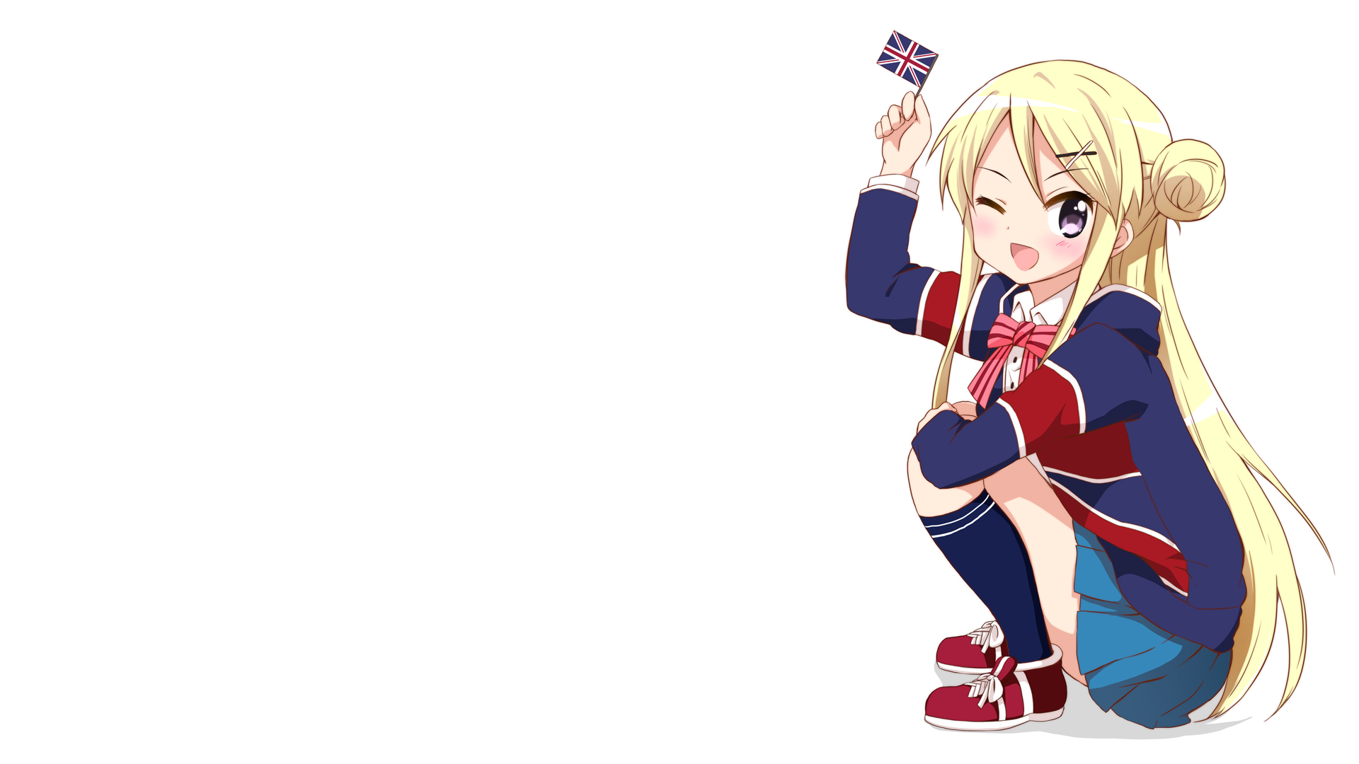 Anime 1920x1080 Kin-Iro Mosaic Kujou Karen anime girls Union Jack anime squatting flag one eye closed open mouth blonde long hair socks red shoes looking at viewer white background simple background