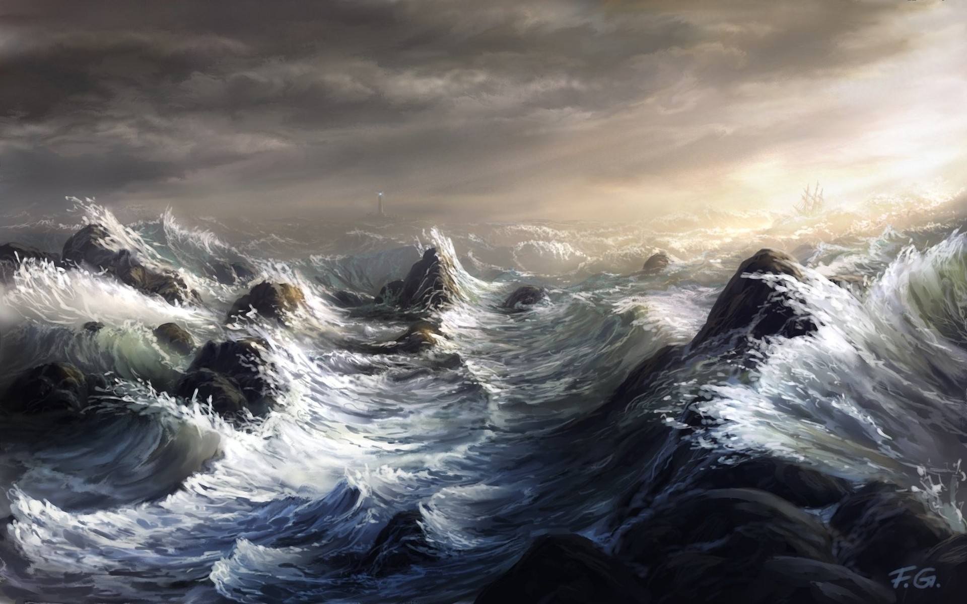 General 1920x1200 fantasy art sea nature sky artwork storm waves digital art watermarked