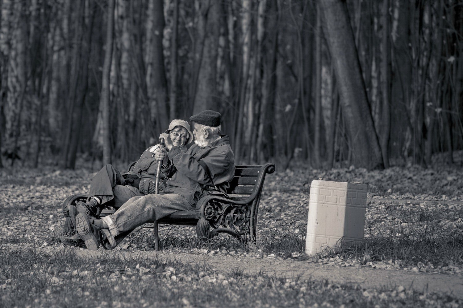 People 1500x1000 monochrome park bench happy smiling couple path old people