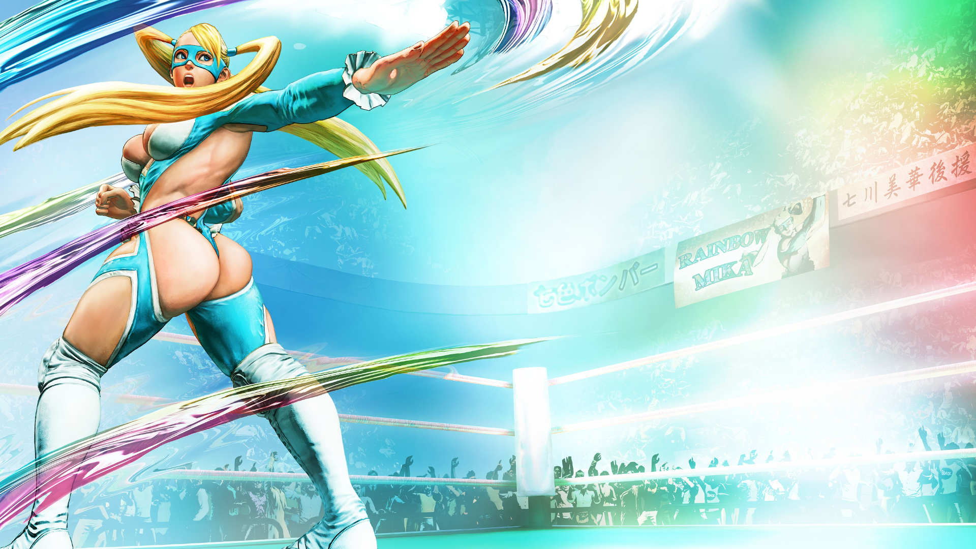 General 1920x1080 video games Street Fighter Rainbow Mika R Mika video game art ass women video game girls video game warriors open mouth blonde boobs rear view muscles Street Fighter V cyan