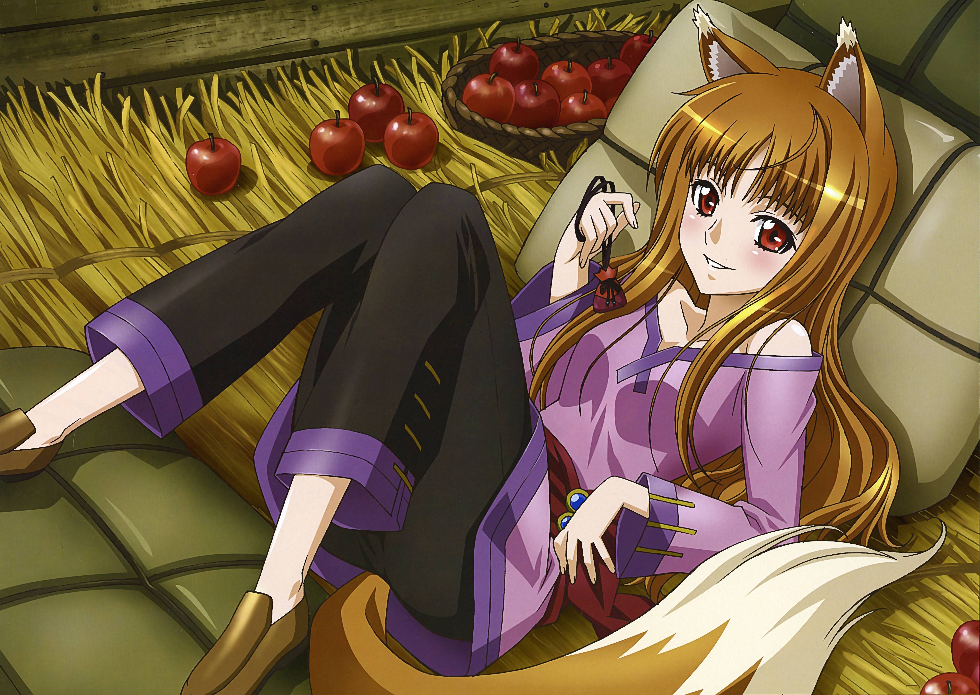Anime 4000x2838 Spice and Wolf Holo (Spice and Wolf) wolf girls anime girls blonde red eyes anime thighs together food fruit apples animal ears long hair