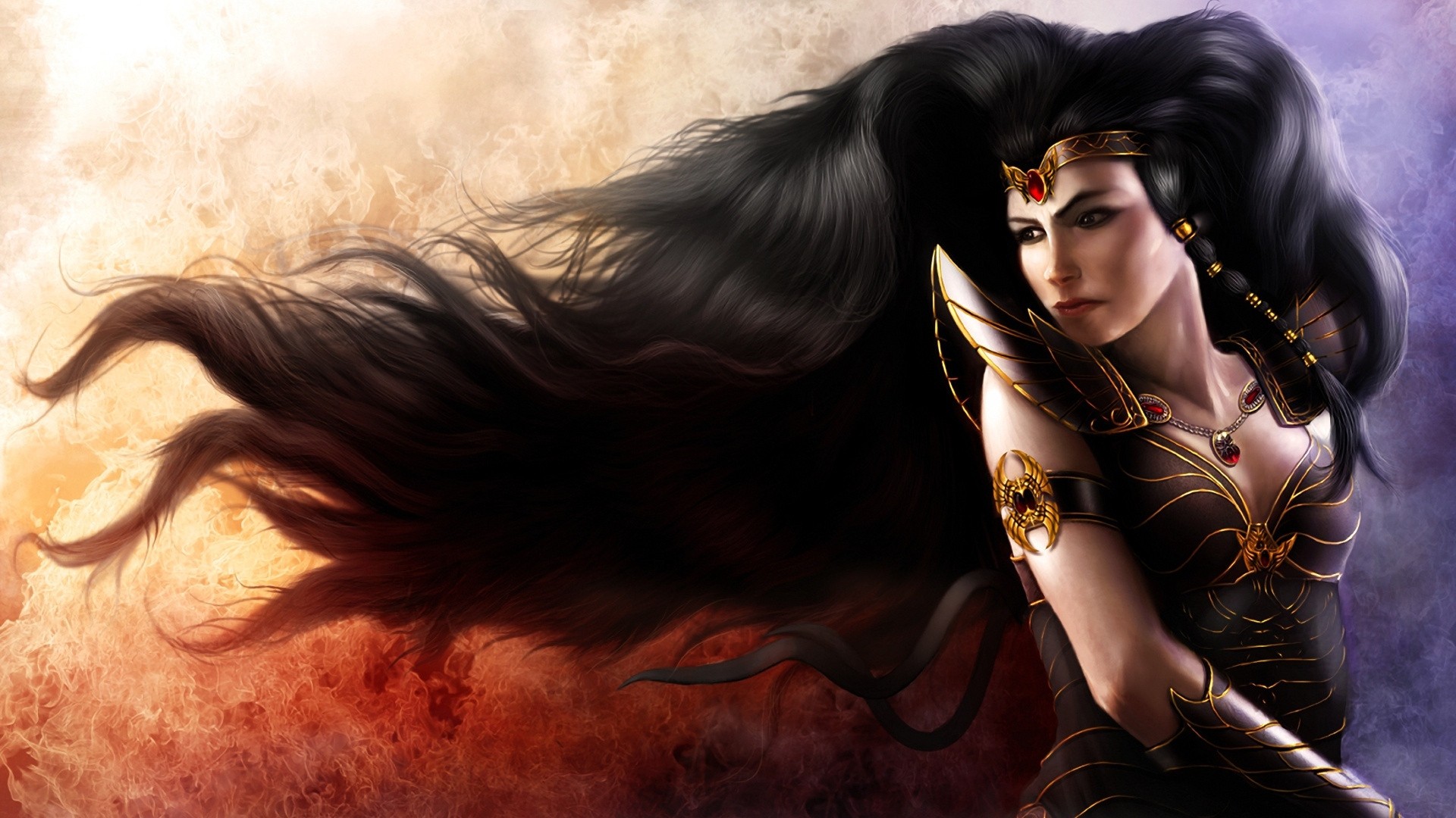 General 1920x1080 fantasy art fantasy girl dark hair artwork long hair necklace Wonder Woman looking away