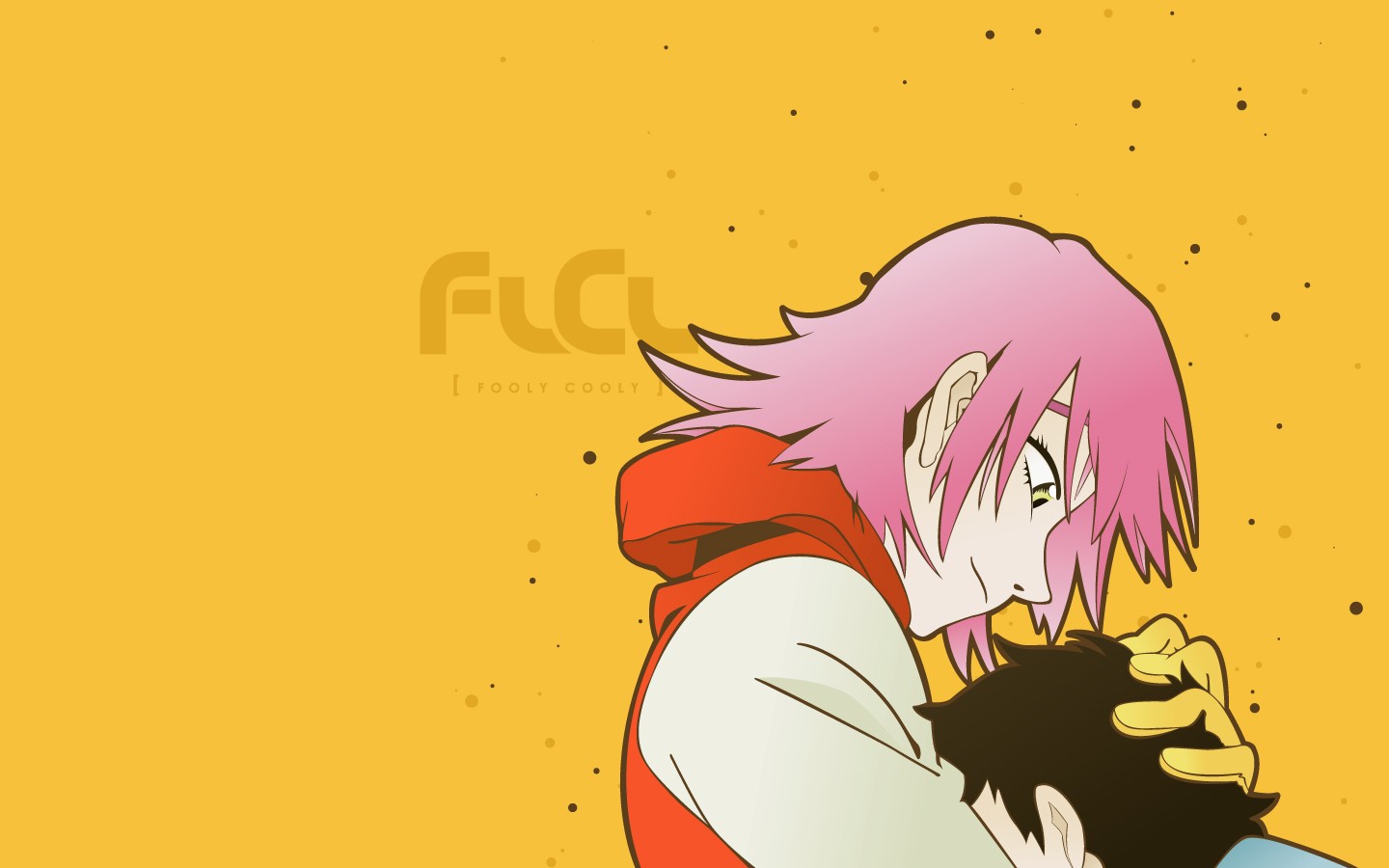 Anime 1440x900 FLCL Haruhara Haruko anime pink hair yellow background simple background face anime girls profile