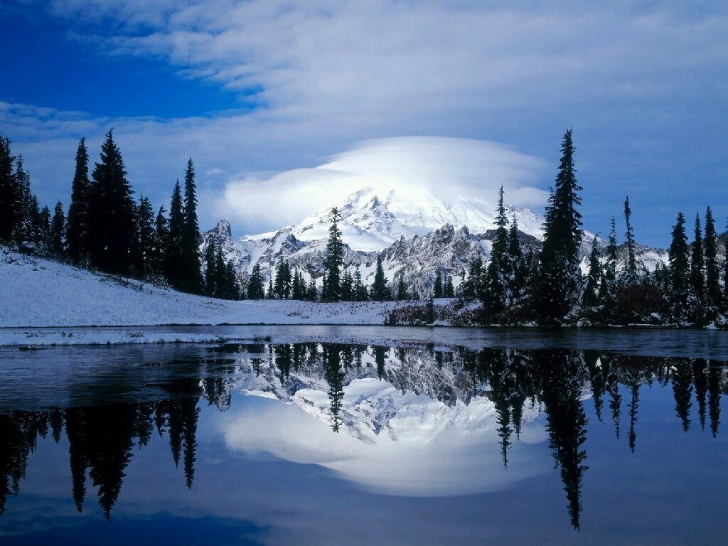 General 1024x768 lake snow trees mountains winter nature reflection