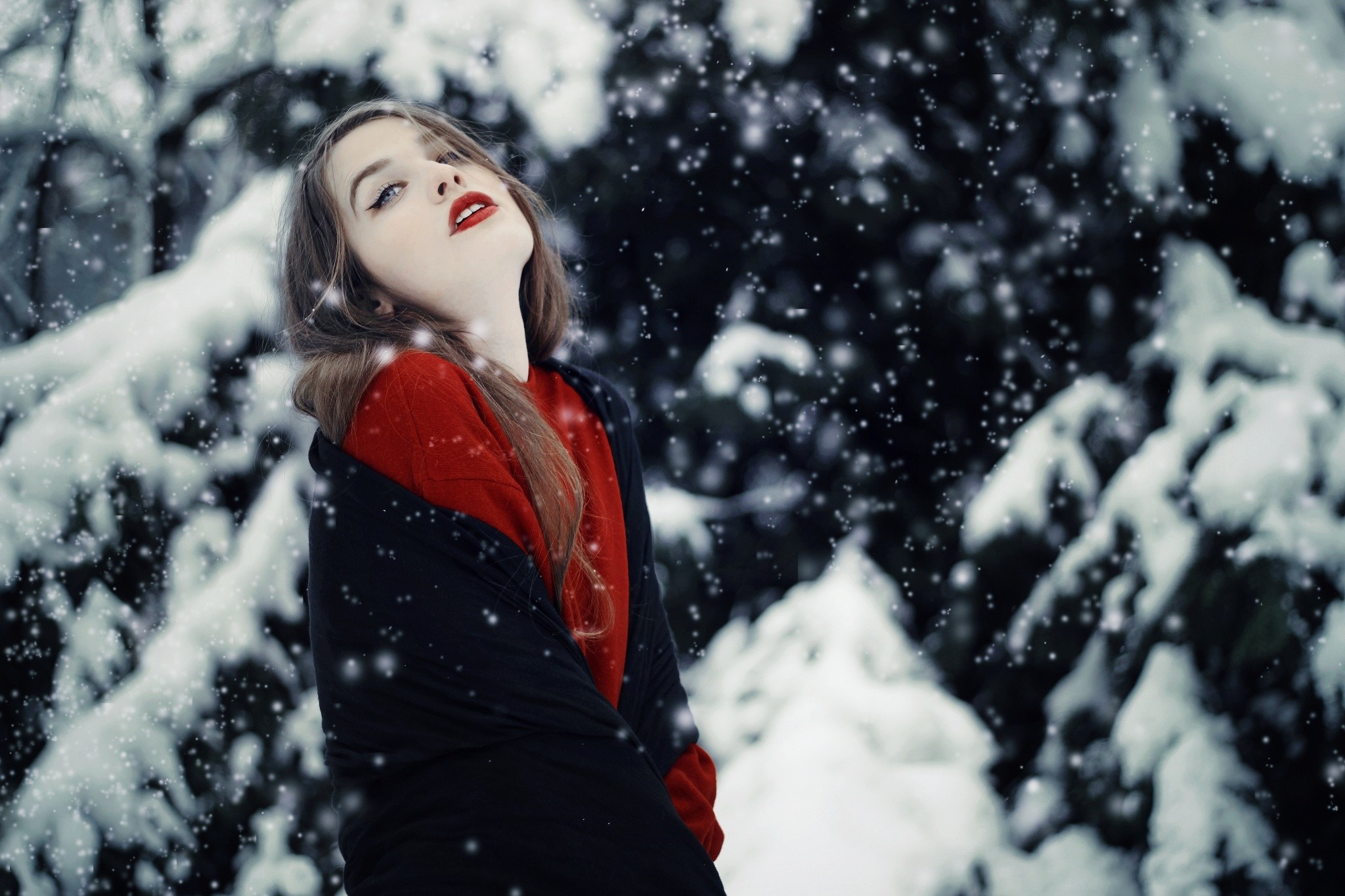 People 2048x1365 winter women snowflakes makeup red lipstick brunette looking away pale blue eyes portrait cold outdoors lipstick snow looking at viewer
