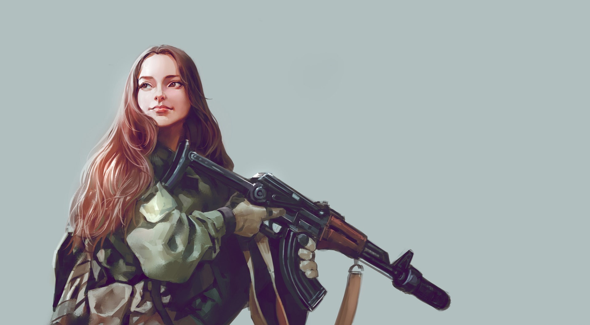 General 1919x1057 soldier women weapon artwork girls with guns machine gun simple background long hair Russian/Soviet firearms