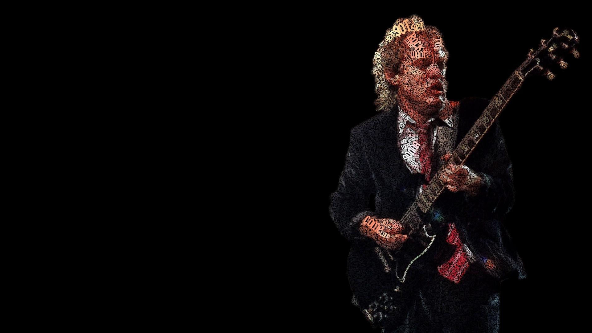 General 1920x1080 AC/DC Angus Young typographic portraits Gibson SG Gibson guitar men music artwork musical instrument simple background black background musician band