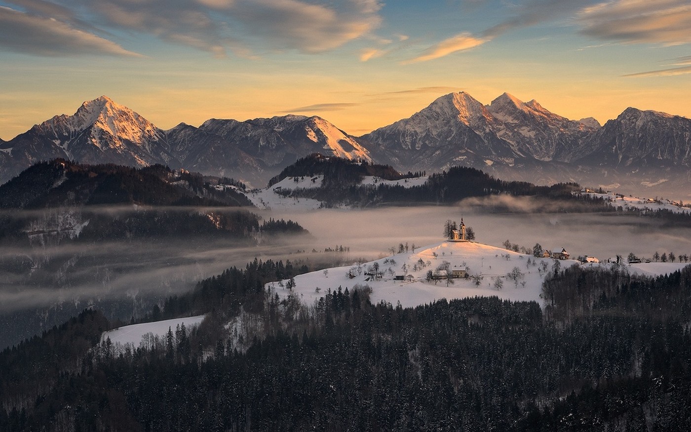 General 1400x875 nature landscape village mountains forest mist winter snowy peak Slovenia hills