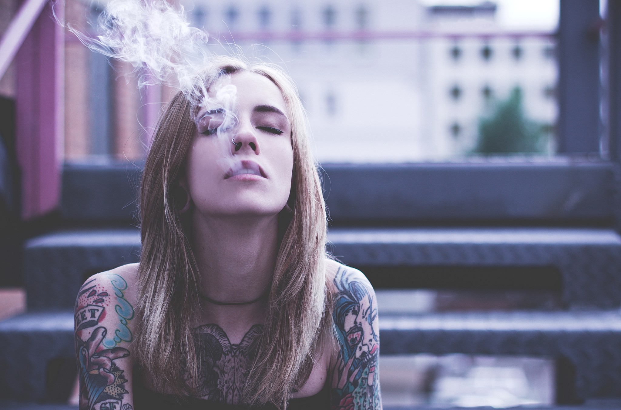 People 2048x1352 women tattoo closed eyes smoking smoke blonde pierced nose nose ring