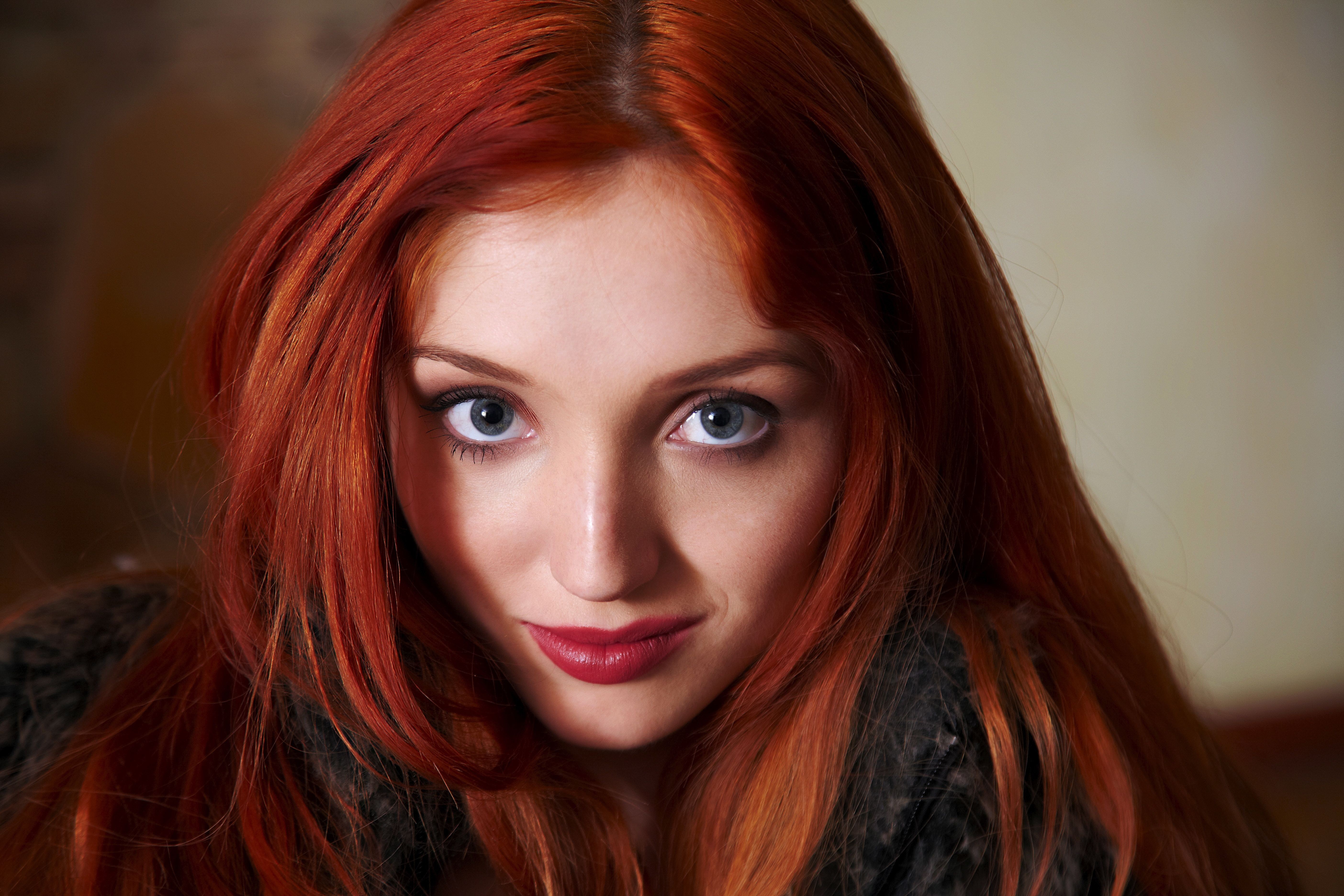 People 5616x3744 women redhead face Michelle H Paghie black jackets looking at viewer long hair blue eyes pornstar Ukrainian women Ukrainian