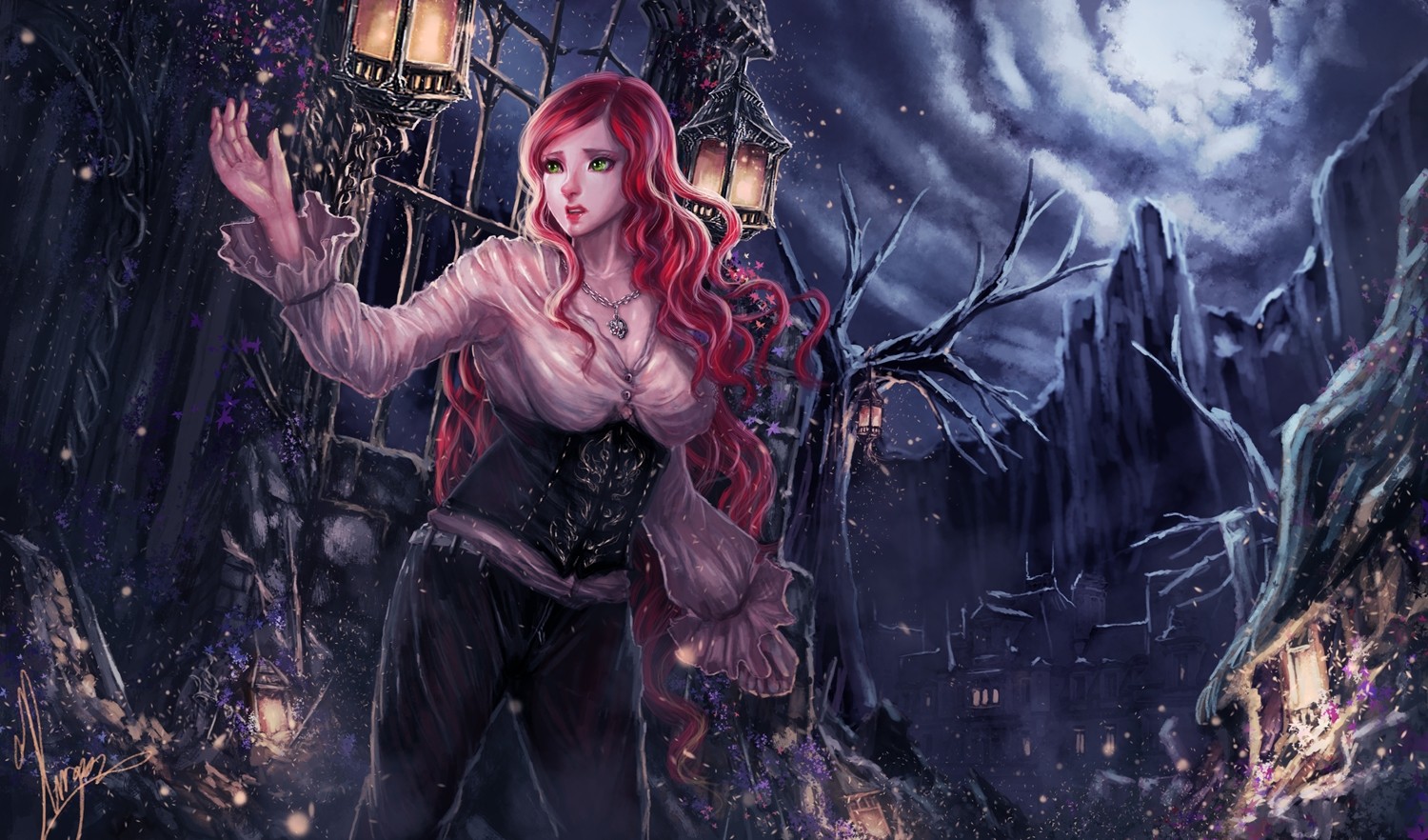 General 1500x882 fantasy art fantasy girl redhead long hair women lantern necklace