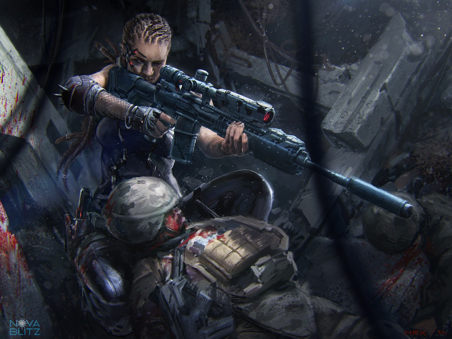 General 1500x1125 futuristic sniper rifle blood women aiming weapon long hair girls with guns