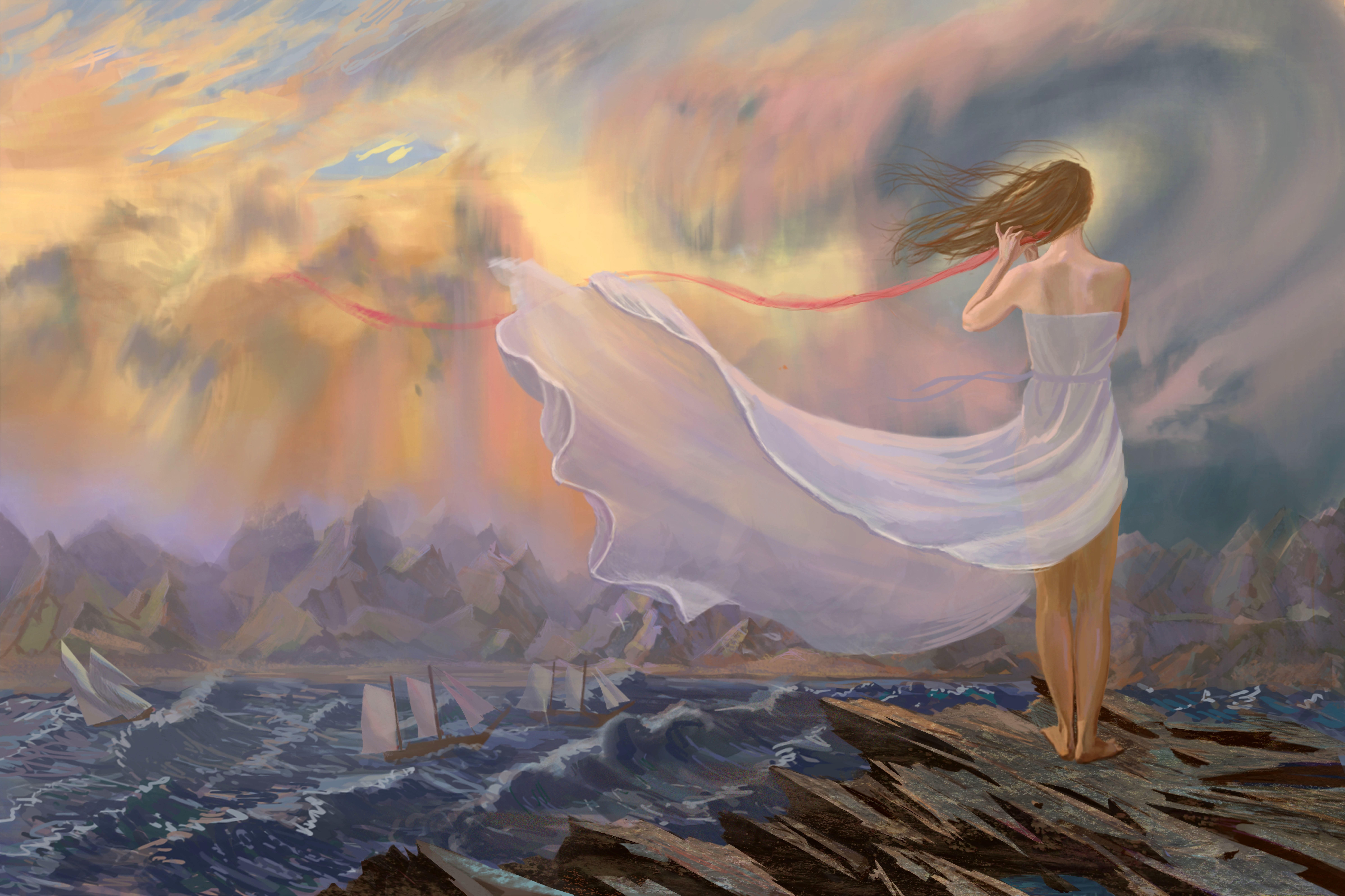 Навстречу морю. Девушка у моря картина. Женщина на ветру. Девушка на скале рисунок. Девушка и море живопись.
