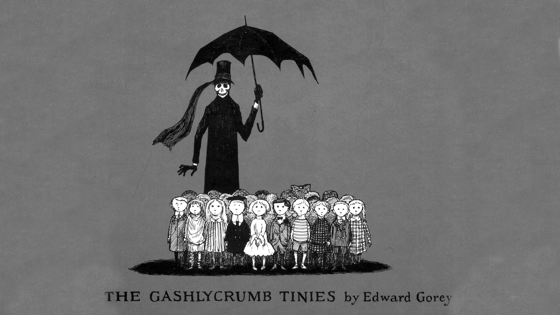 Anime 1920x1080 horror artwork Grim Reaper umbrella children monochrome gray Edward Gorey gray background
