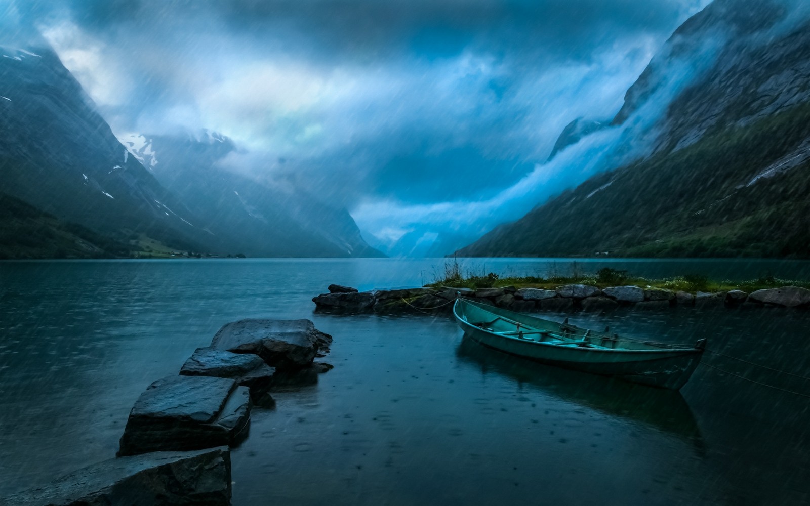 General 1600x1000 nature landscape lake mountains Norway clouds rain blue boat water mist cyan