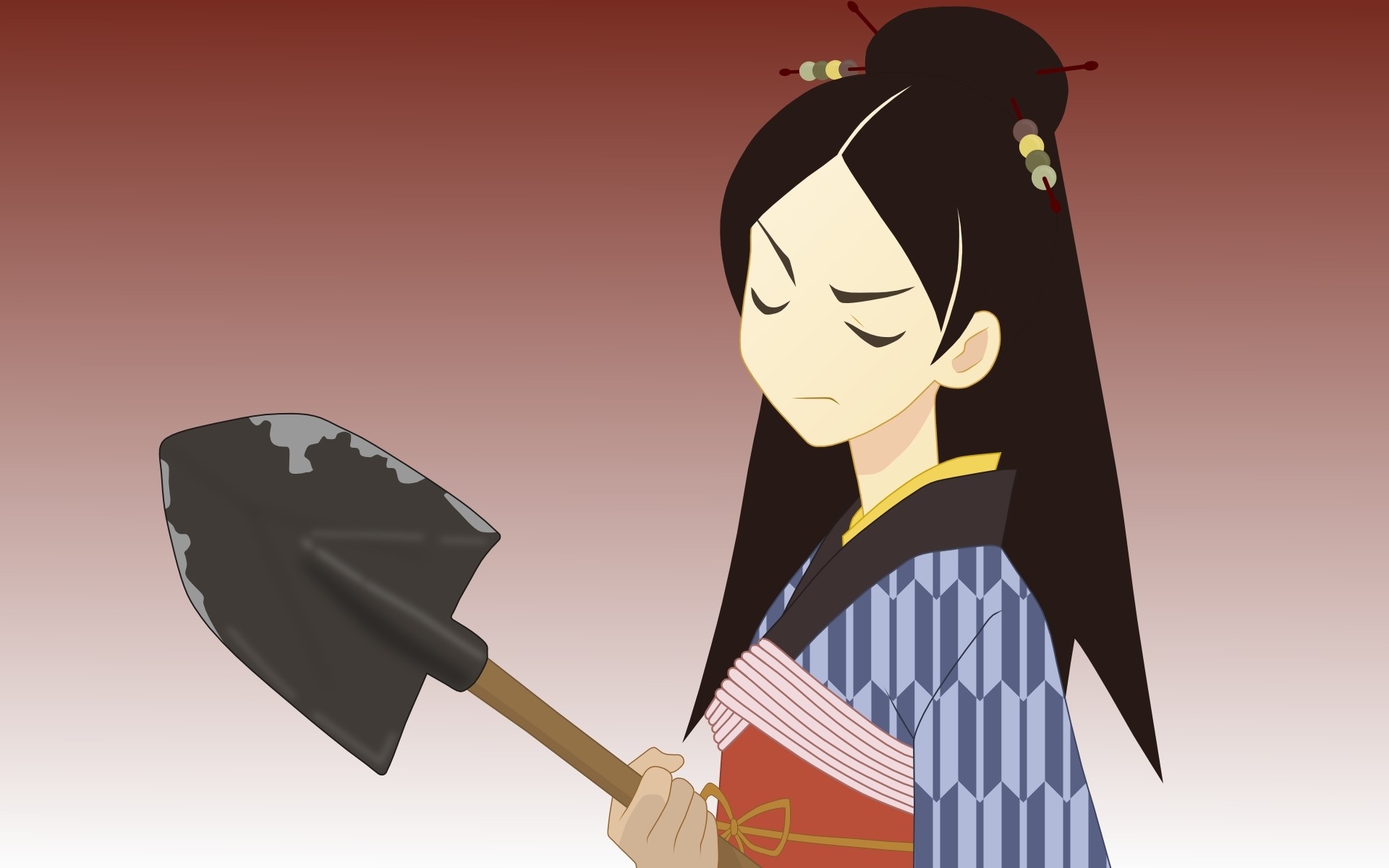 Anime 1920x1200 artwork Sayonara Zetsubou Sensei Kitsu Chiri anime shovels Japanese clothes gradient Asian women long hair red background