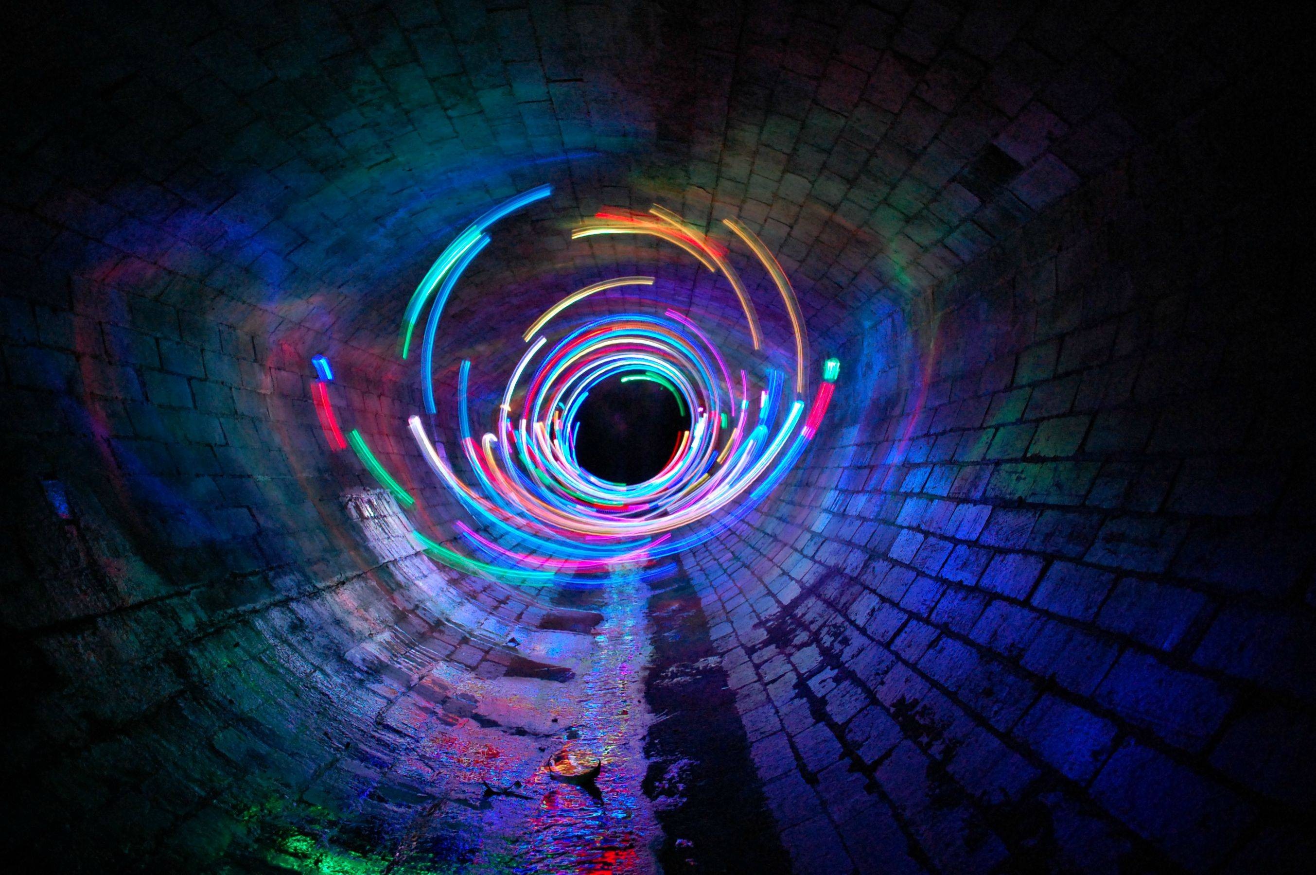General 2707x1800 long exposure sewers light painting tunnel digital art wall shapes lights colorful blue bricks swirls
