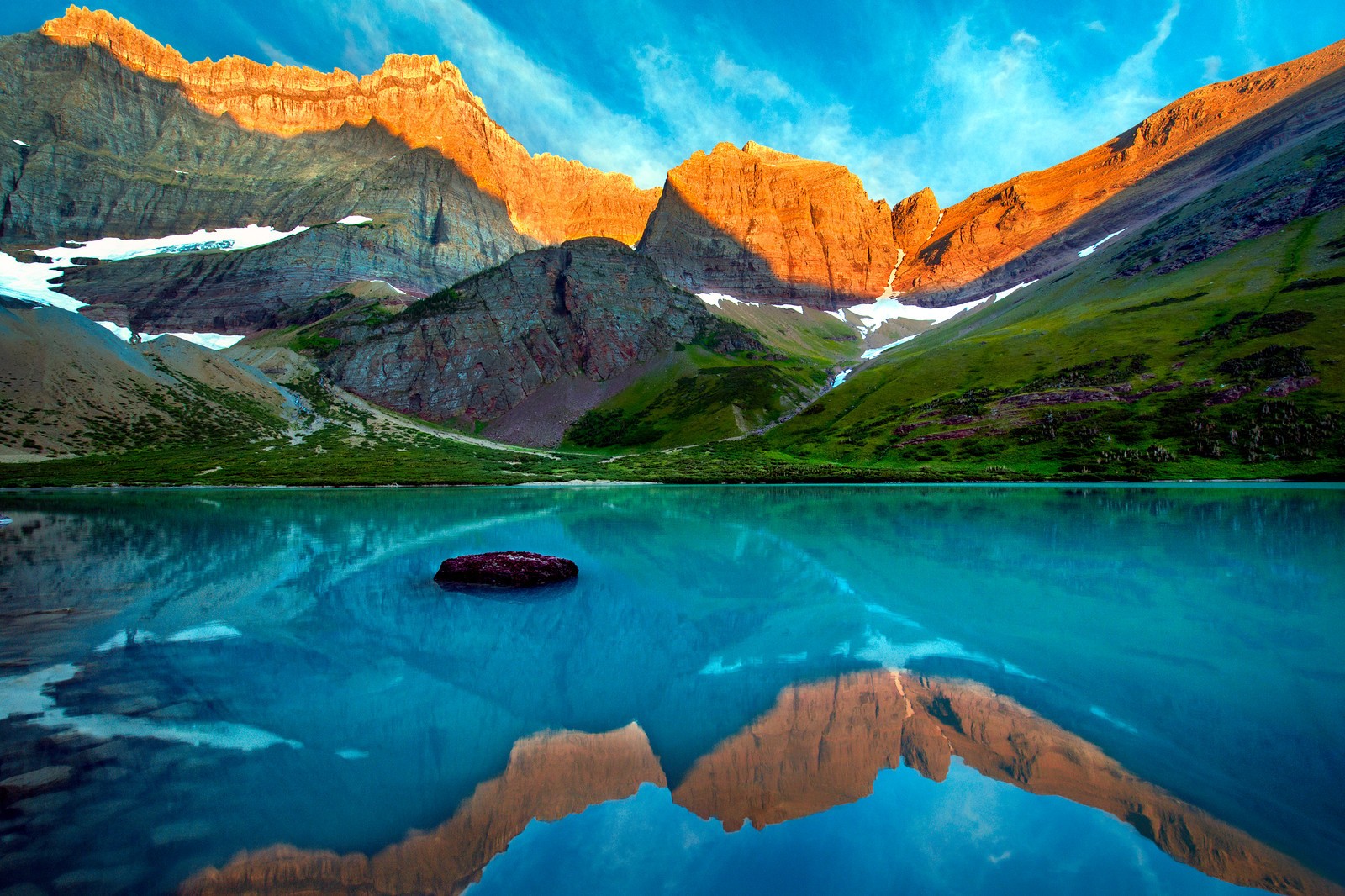 General 1600x1066 nature landscape Glacier National Park Montana lake mountains sunset turquoise water reflection grass snow USA
